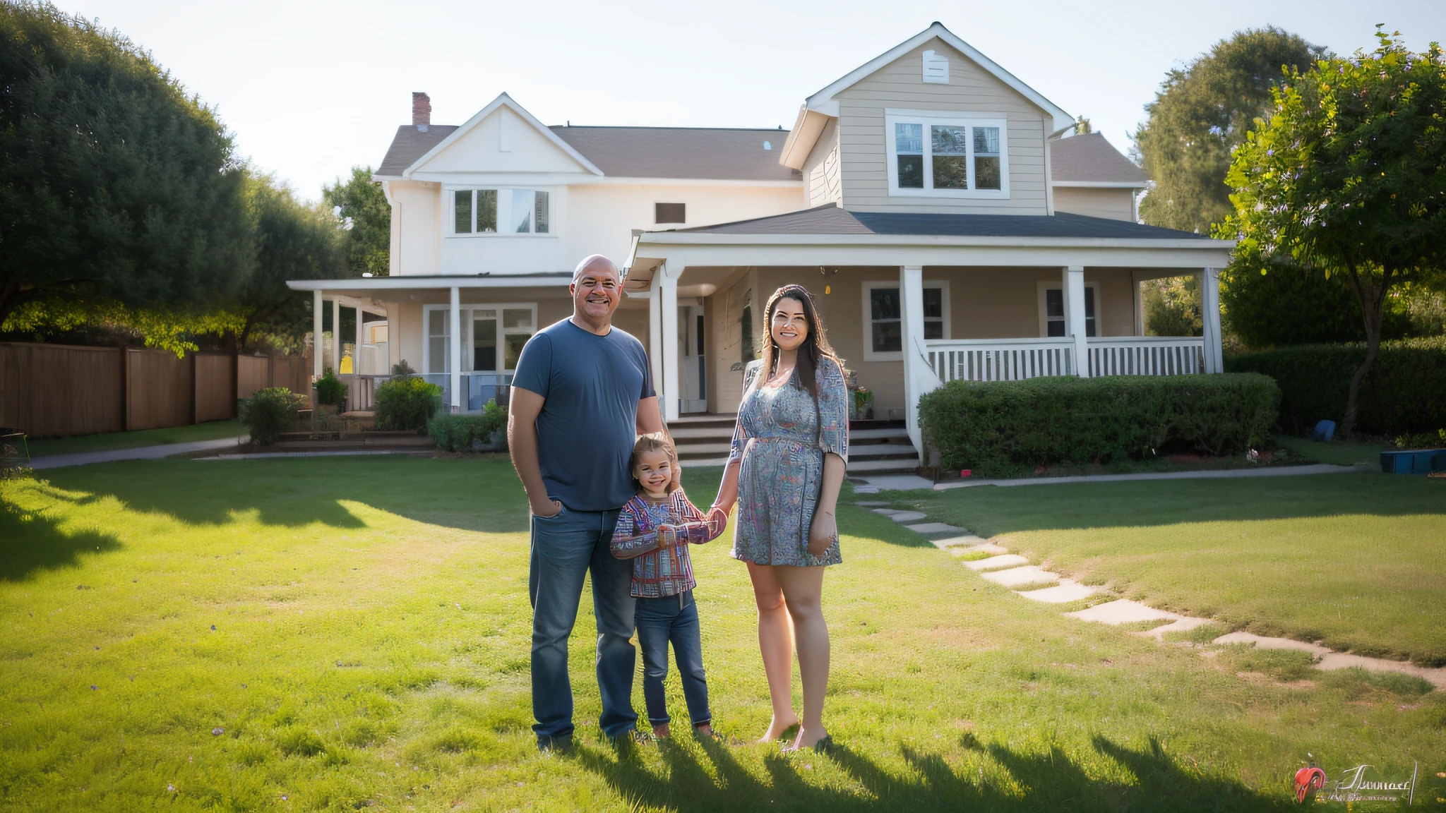 realistic photo of a ((happy family with a father, mother and their children)) their house in the background, Canon EOS R6, HDR camera, ((focus sharp)), masterpiece, ((high quality)), RAW, one shot, high resolution, (ultra realistic:1.2), , UHD, ccurate, ((anatomically correct:1.2)), textured skin, super detailed, high quality, award winning, 16k