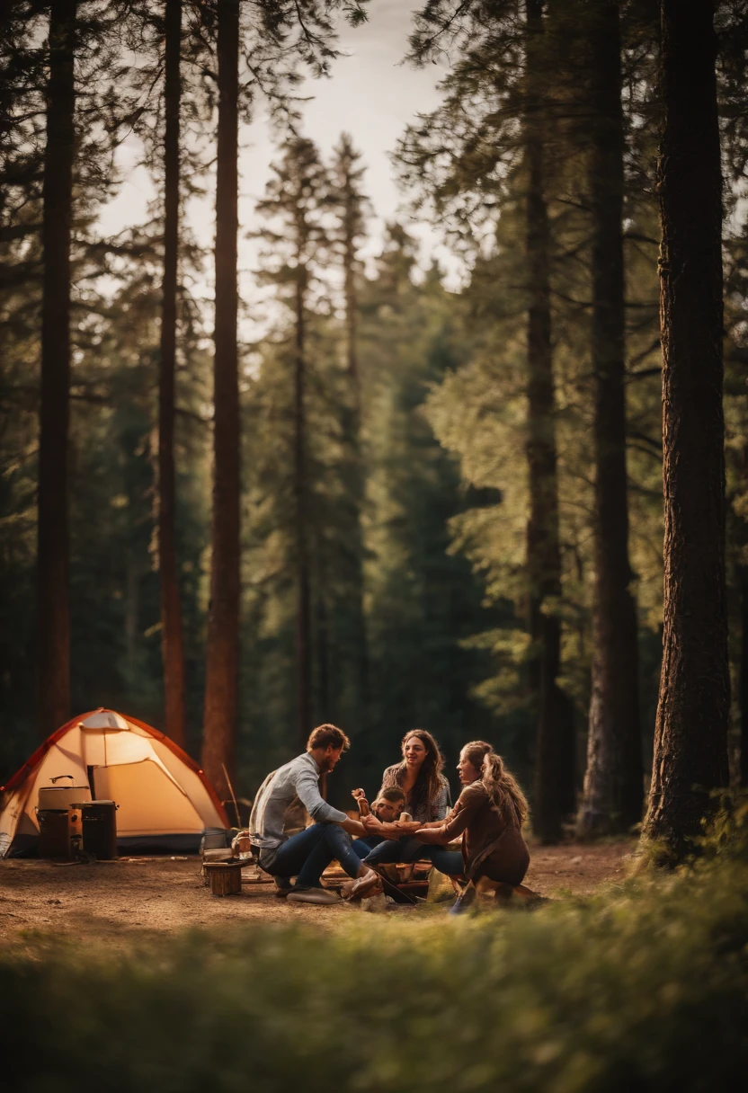 family camping, forest, barbecue, Time of Day: afternoon Camera: DSLR Lens: Standard zoom lens