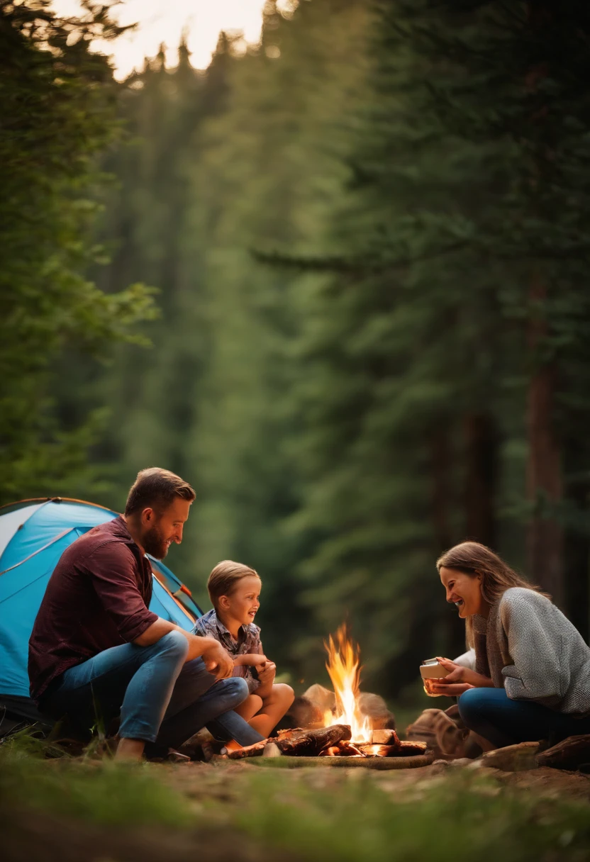 family camping, forest, barbecue, Time of Day: afternoon Camera: DSLR Lens: Standard zoom lens