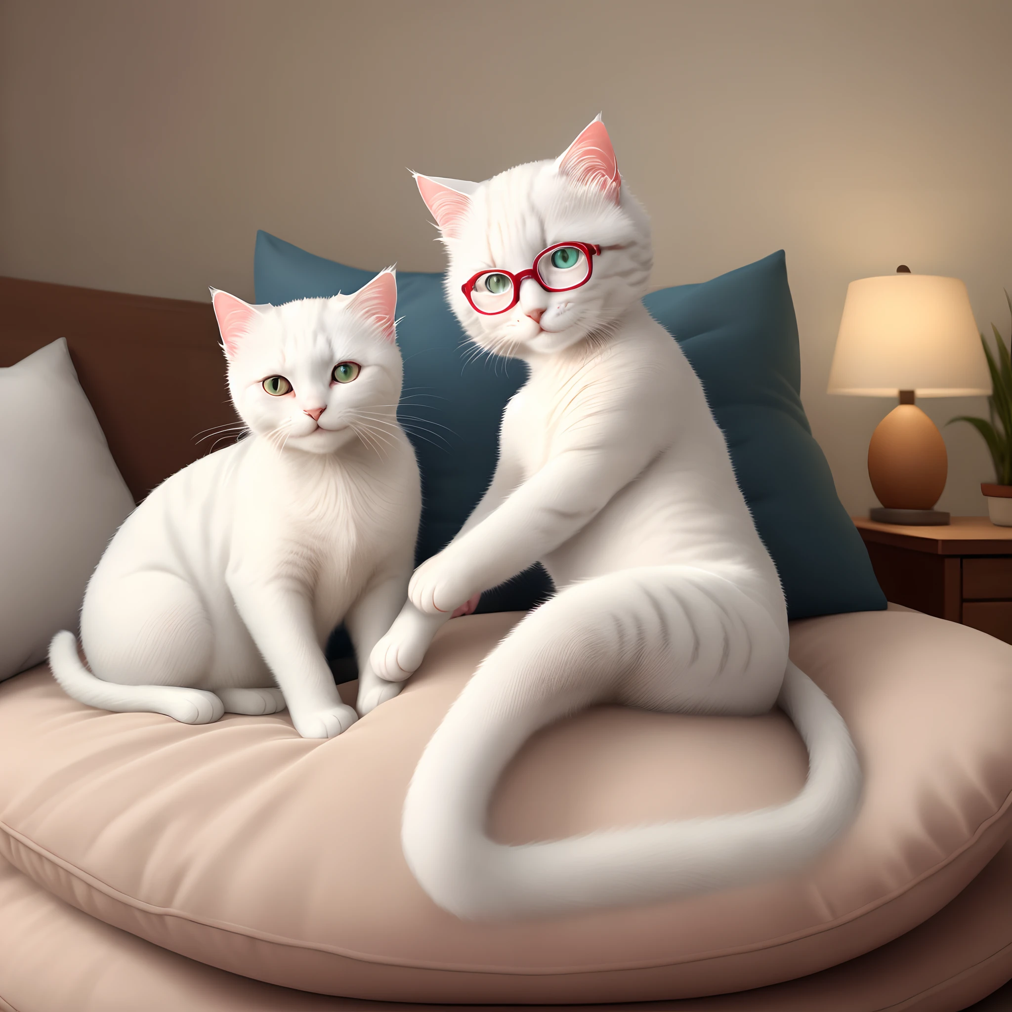 Cute white cat with glasses sitting on a light color pillow and smiling with a wink