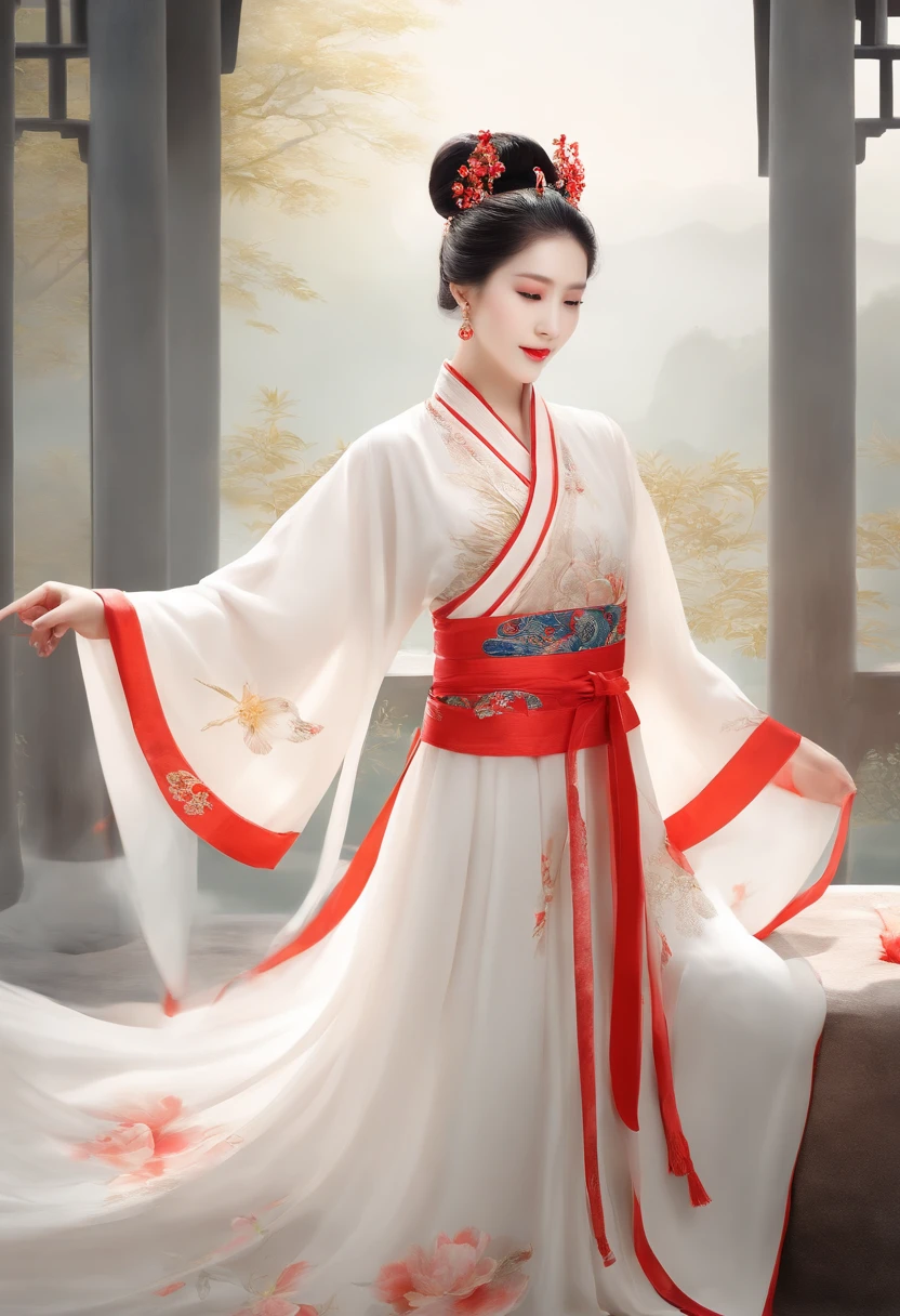 the painting style refers to Qiu Ying and
Song Huizong Zhao Ji,in ancient Sui and
Tang Dynasties ,a beautiful and soft Chinese
girl, hands down,dancing, full body, wearing
beautiful and detailed Loose Hanfu, red
shoes, beautiful and flowing Ruqun,she
has beautiful phoenix eyes, crested
ibis surround the girl, white and cream
tone,flowing sleeves, fluttering silk, Chinese
traditional ink painting style,high detailed
face--nili 5 --5 200