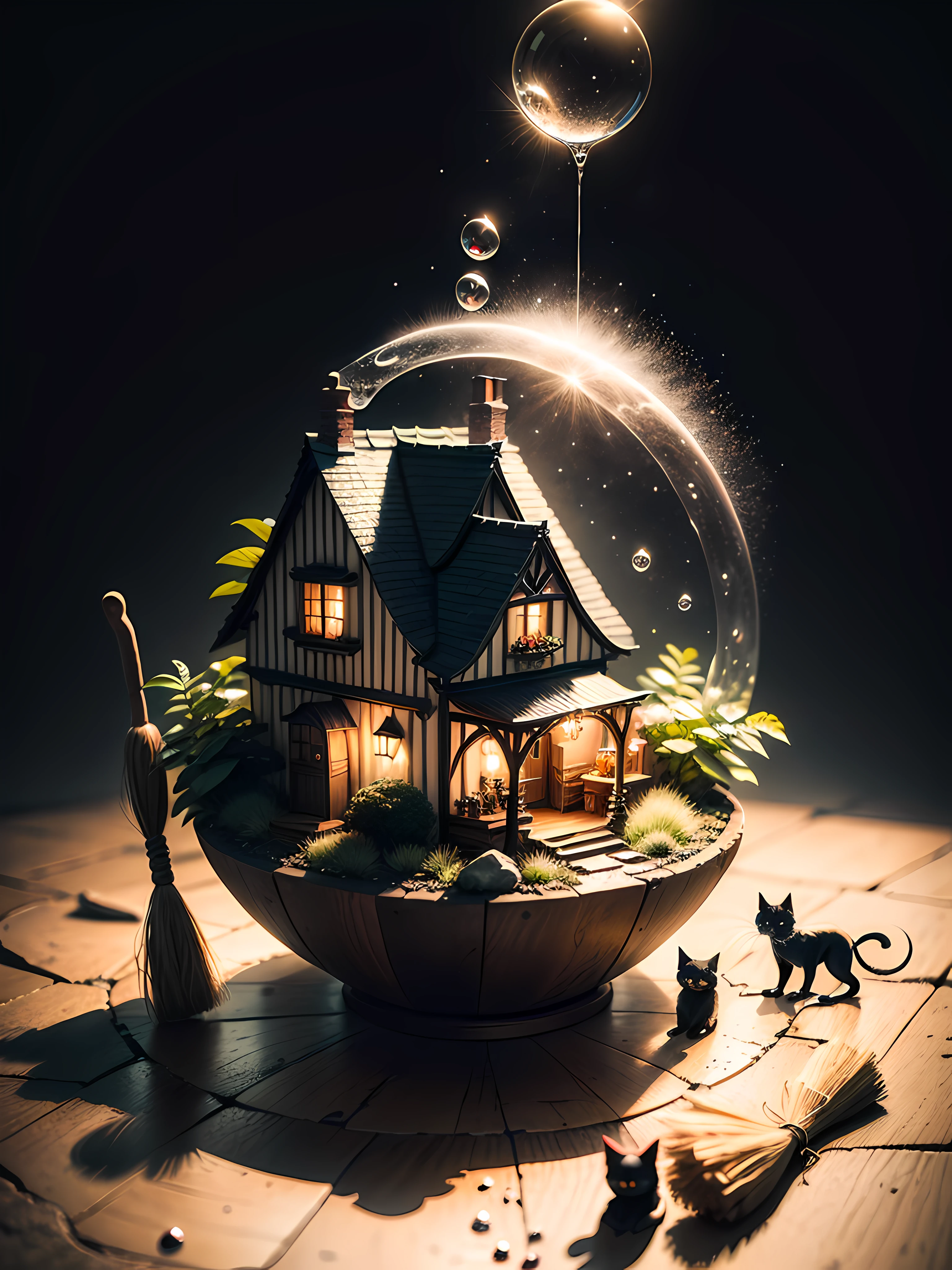 Duskamétrik equidistant section witch's cottage，Magic pot，Bubbling magic liquid，black cats，broom， Incredible background bokeh edge lighting，Courtesy of Duska Metric