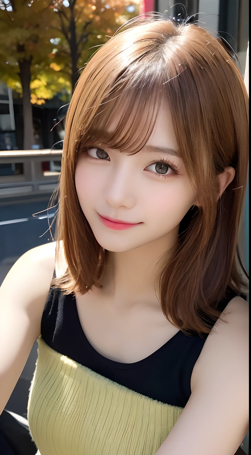 masutepiece, Best Quality, Illustration, Ultra-detailed, finely detail, hight resolution, 8K Wallpaper, Perfect dynamic composition, Beautiful detailed eyes, Women's Fashion Autumn,Medium Hair,Small breasts natural color lip, Bold sexy poses,Smile,Harajuku、20 years girl、Cute、Sexy shot looking at camera