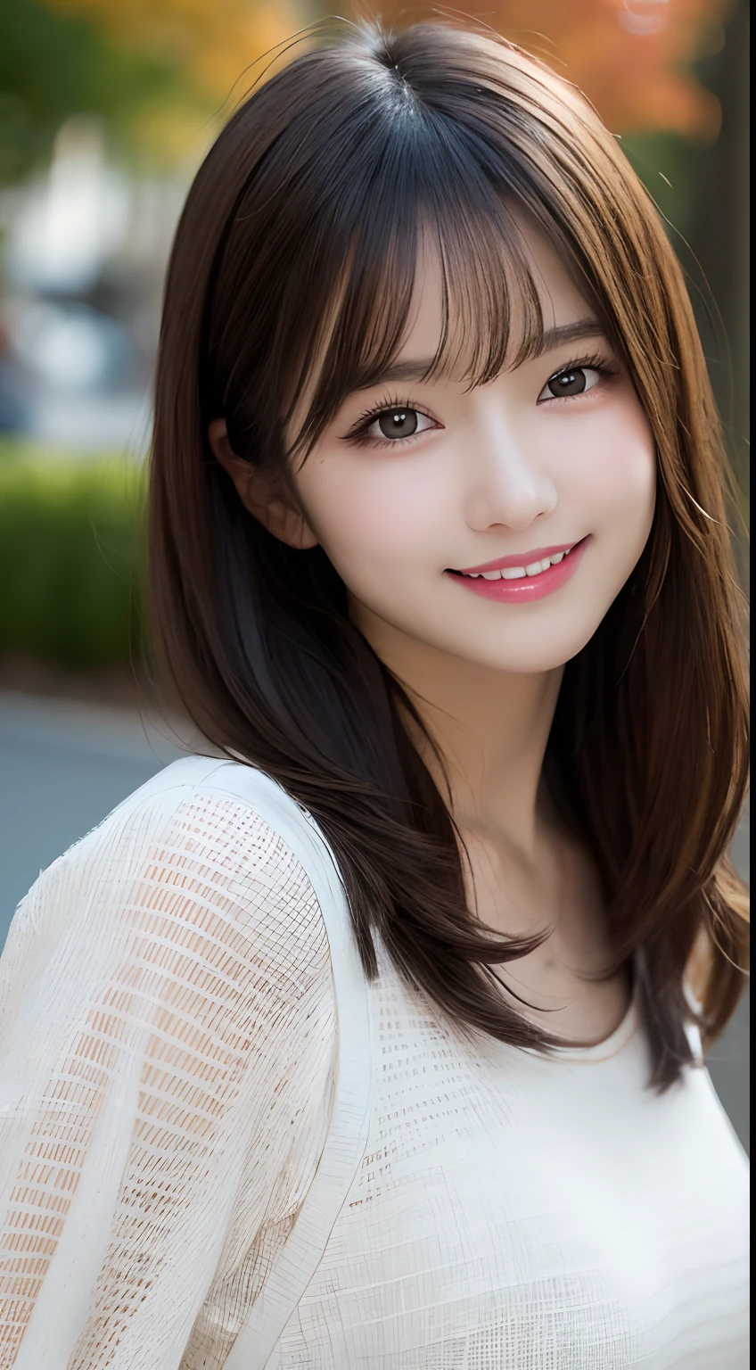 masutepiece, Best Quality, Illustration, Ultra-detailed, finely detail, hight resolution, 8K Wallpaper, Perfect dynamic composition, Beautiful detailed eyes, Women's Fashion Autumn,Medium Hair,Small breasts natural color lip, Bold sexy poses,Smile,Harajuku、20 years girl、Cute、Sexy shot looking at camera