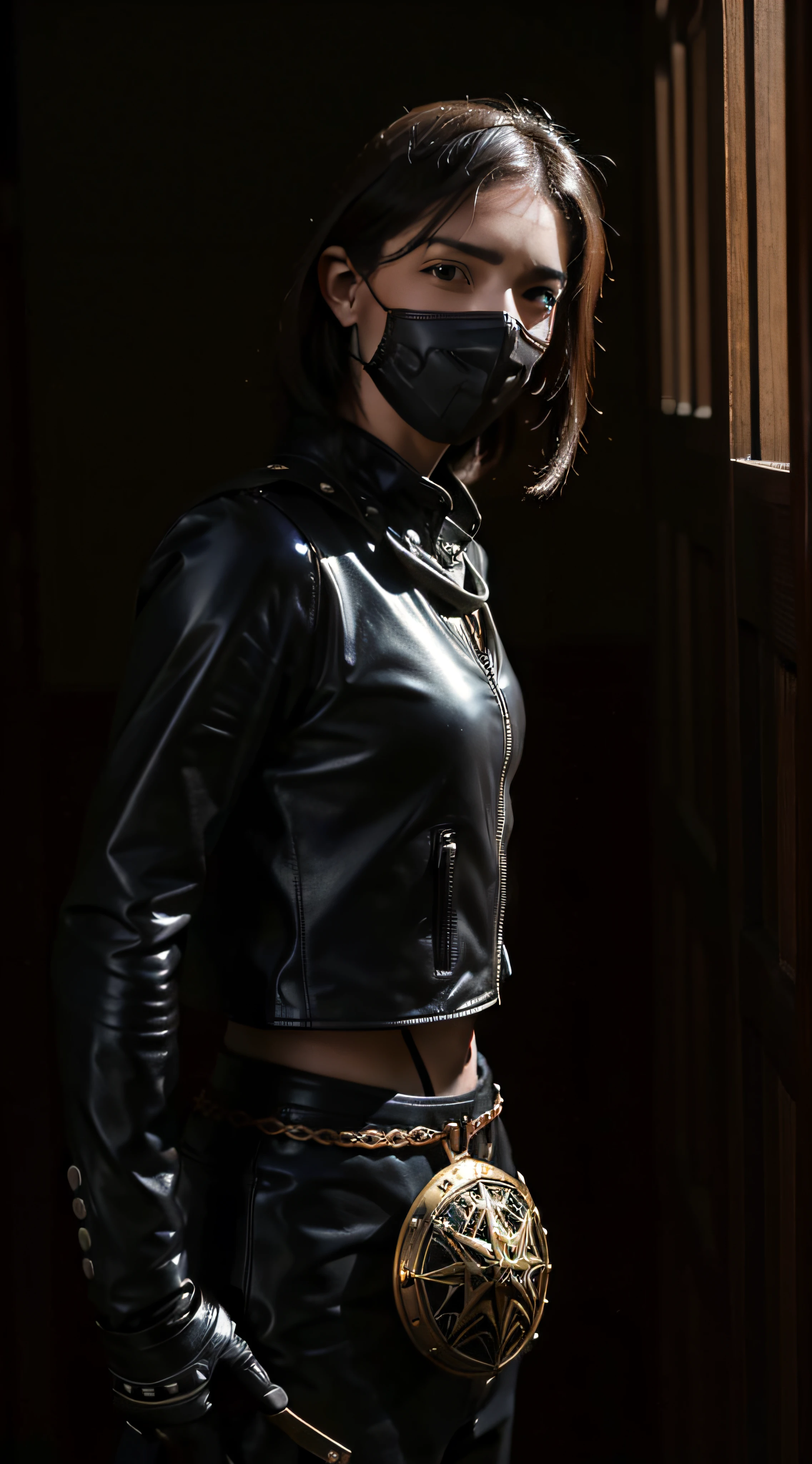 (extremadamente detallado, obra maestra, La mejor calidad, foto antigua, principios de siglo) latex, soldado estilo ciberpunk, armadura robotica, cables, tornillos, una linterna directa lo ilumina, biblioteca antigua. plano cercano. manchas. Caravaggio-style lighting. tenebrismo-