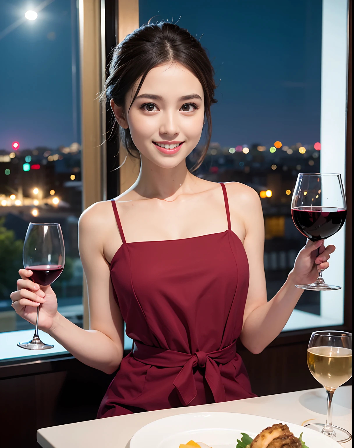(64K, UHD, top quality, masterpiece: 1.2), (realistic, photorealistic: 1.37), super detailed, pretty woman 1 person, (slim face), (slim body), (brown hair), (short cut), cheeks slightly blushing, (44 years old), 38 years old, solo, beautiful detailed urban night view outside the window, restaurant, wine glasses sit, at night, in a prominent placeNovaFrogStyle, Actress, Model, Waist Up, White Wine, Slim, Wine Glass, Super Clean Night View, Wine Glass Put in the Middle, Happy Smile, (Smile: 1.15), Beautiful Fine Eyes, Upper Body, Bust Japan Up, Night, Short, Short, Actress, Model, Waist Up, White Wine, Slim, Wine Glass, Super Clean Night View, Wine Glass Put in the Middle, Happy Smile,