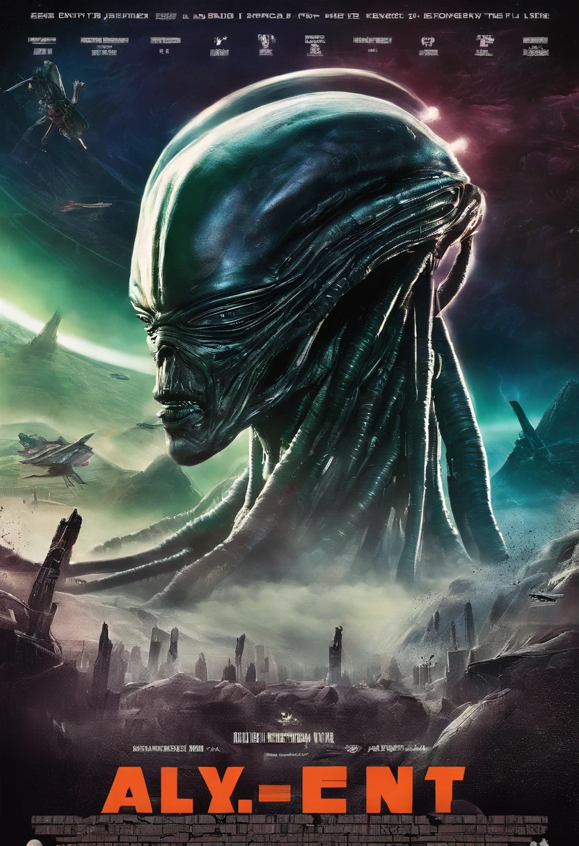 Craft a captivating movie poster that depicts the epic clash between humanity and an advanced alien race. Showcase the looming threat of the alien invaders, the resilience of human defenders, and the otherworldly technology and landscapes, capturing the essence of an intergalactic war for survival