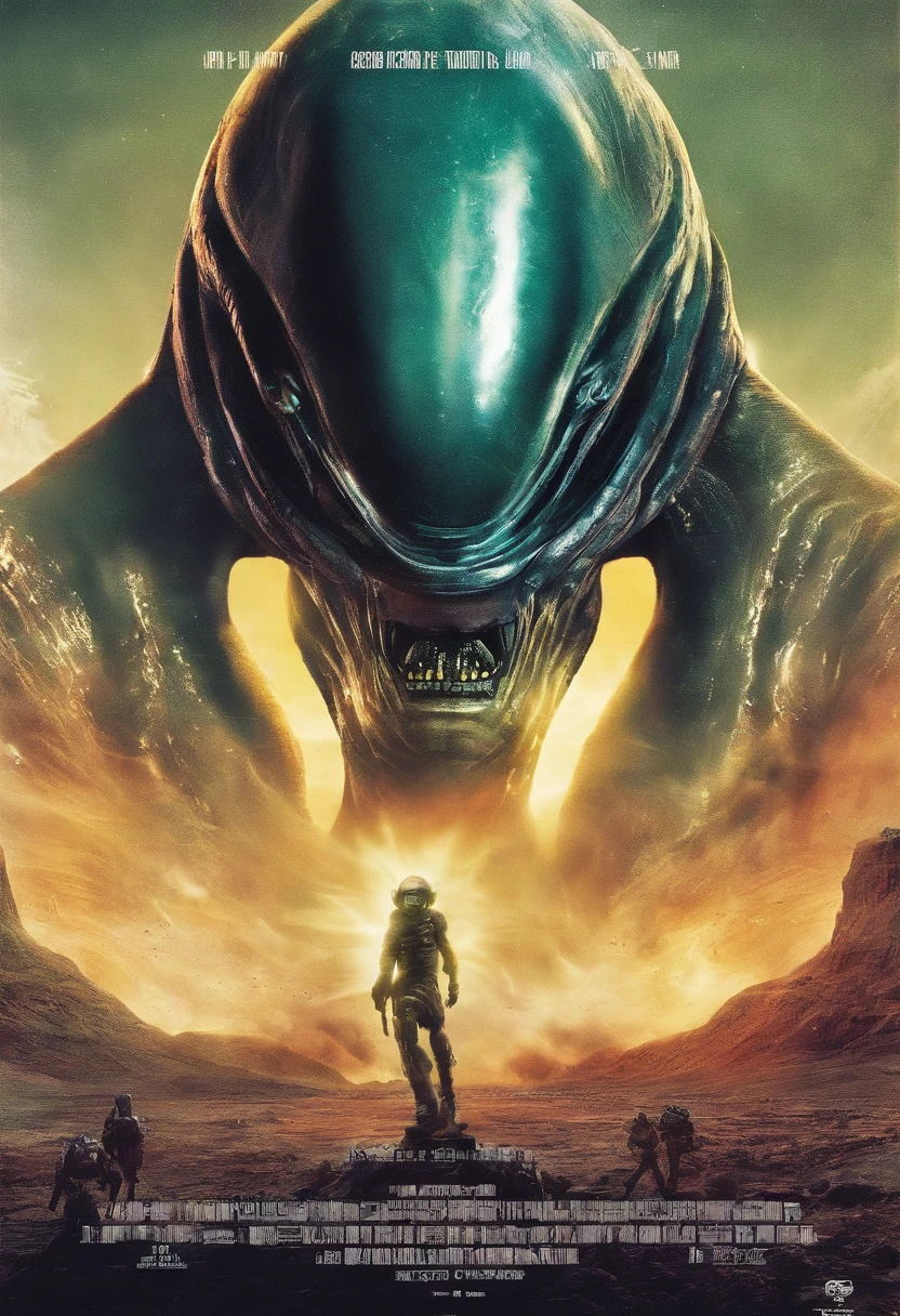 Craft a captivating movie poster that depicts the epic clash between humanity and an advanced alien race. Showcase the looming threat of the alien invaders, the resilience of human defenders, and the otherworldly technology and landscapes, capturing the essence of an intergalactic war for survival