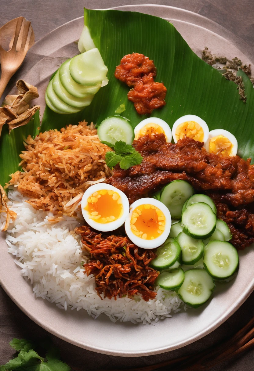 Create an appetizing and visually enticing photograph that showcases the perfect Malaysian nasi lemak. Highlight the vibrant colors and textures of the fragrant coconut rice, spicy sambal, crispy fried anchovies, fresh cucumber slices, and a perfectly boiled egg, all beautifully arranged on a banana leaf. Capture the essence of this beloved Malaysian dish in a way that makes viewers crave its delicious flavors
