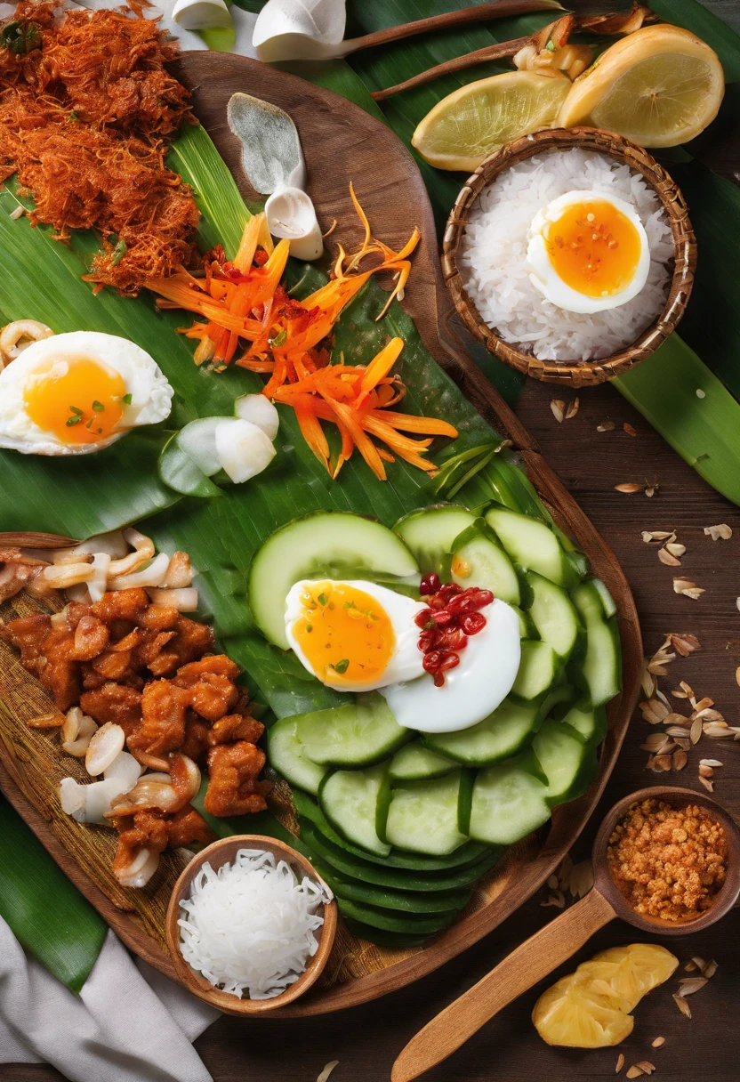 Create an appetizing and visually enticing photograph that showcases the perfect Malaysian nasi lemak. Highlight the vibrant colors and textures of the fragrant coconut rice, spicy sambal, crispy fried anchovies, fresh cucumber slices, and a perfectly boiled egg, all beautifully arranged on a banana leaf. Capture the essence of this beloved Malaysian dish in a way that makes viewers crave its delicious flavors