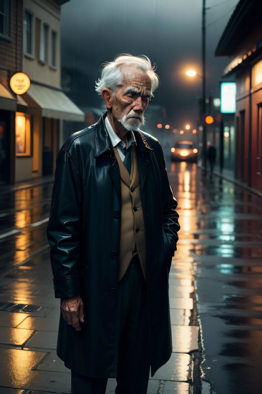 A photograph, taken with a 35mm lens, an old sad and lonely man on a rainy street, emotions