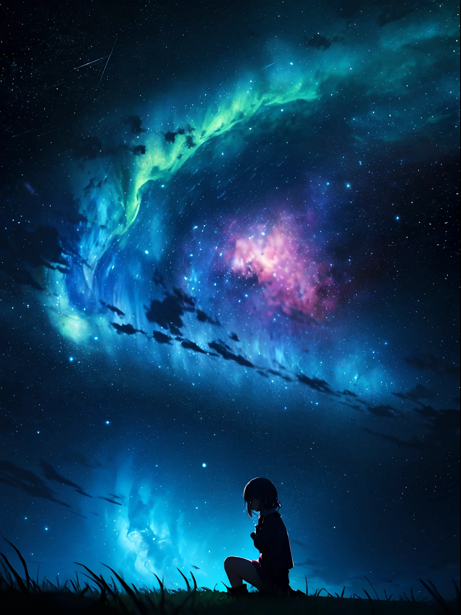 girl, cloud, Colorful, Cool, masutepiece, sit, From Side, (Sideways), Smile, starrysky, Stars