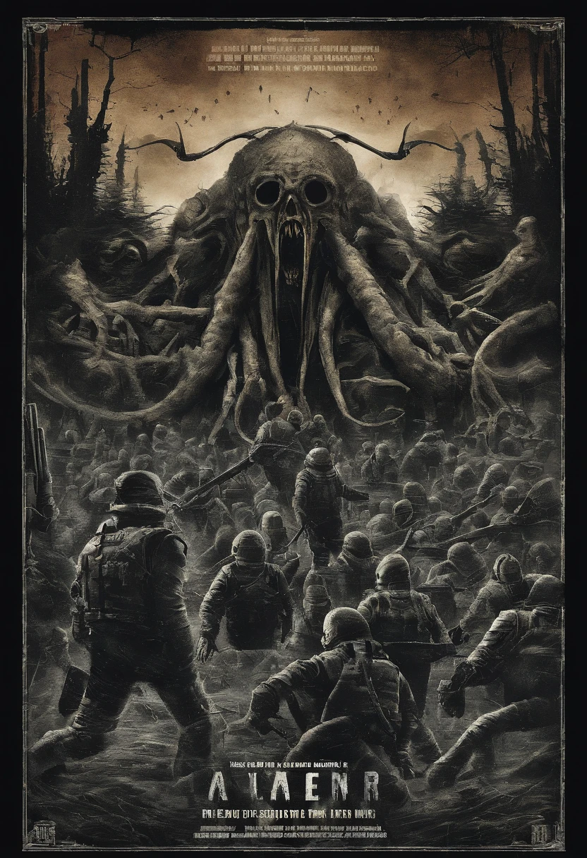 Craft a captivating movie poster that depicts the epic clash between humanity and an advanced alien race. Showcase the looming threat of the alien invaders, the resilience of human defenders, and the otherworldly technology and landscapes, capturing the essence of an intergalactic war for survival