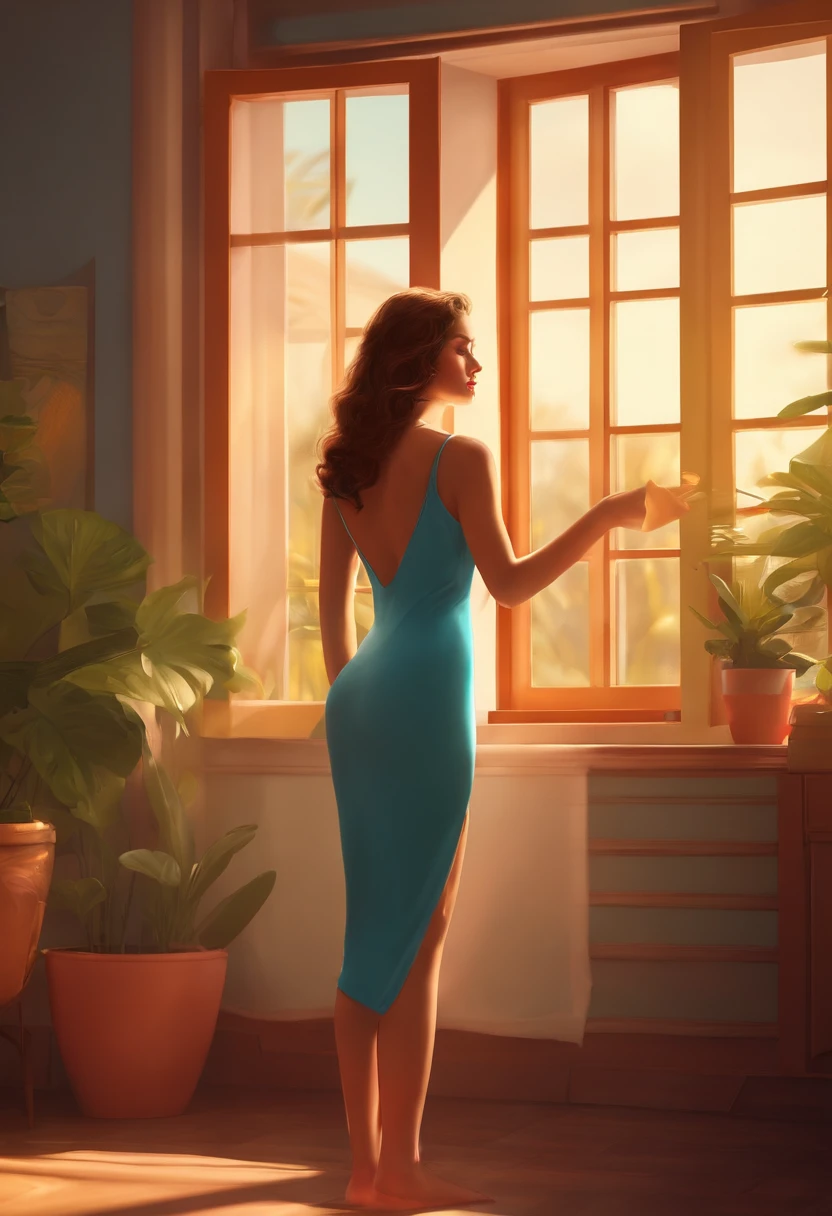In one room,A beautiful age girl in a sexy swimsuit,The sun shone on her through the window,She played freely in the room。