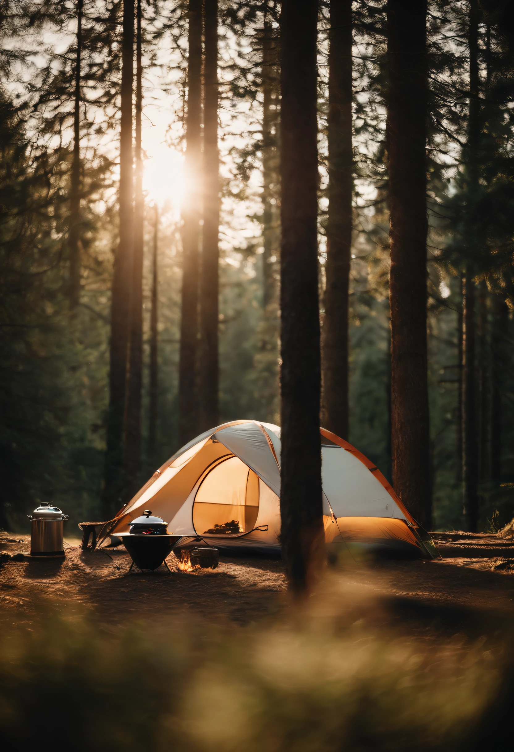 camping, forest, barbecue, Time of Day: afternoon Camera: DSLR Lens: Standard zoom lens