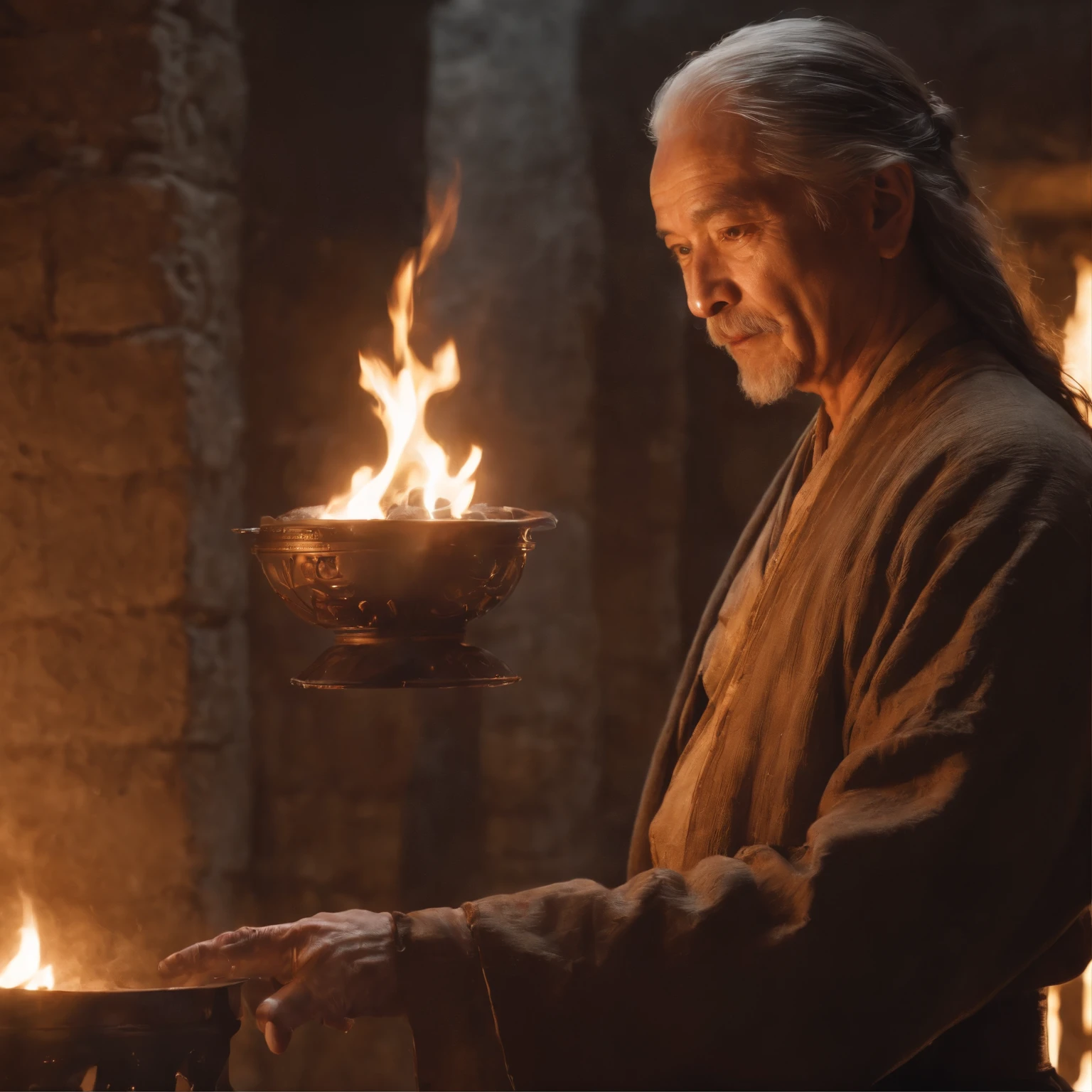 In an old palace，The old man who instructed the alchemist who practiced the mysterious art of Danzitou，With a smile on his face。With him was a scruffy boy with long hair，Their deep pupils shone with a river of stars。On the walls of the palace hangs an intoxicating painting，The painting depicts a flame burning in a furnace，The painting depicts a mysterious hand holding a furnace。They show the pleasures of steampunk style and Cybertron art。