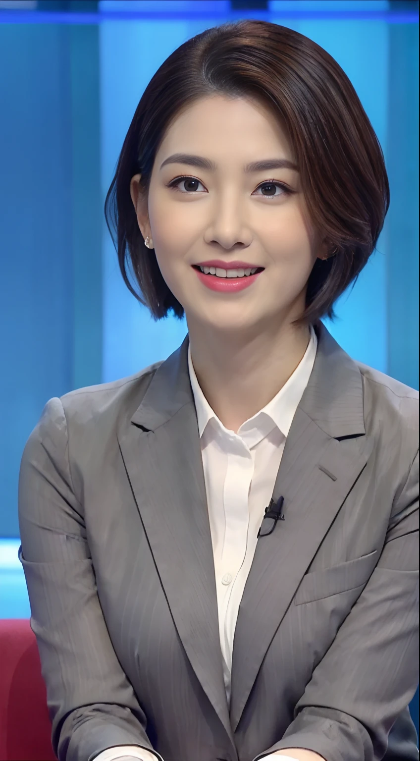 The highest image quality、超A high resolution、1girl in、beautiful countenance、Shorthair､Long-sleeved announcer in a tight suit、Sit in the studio