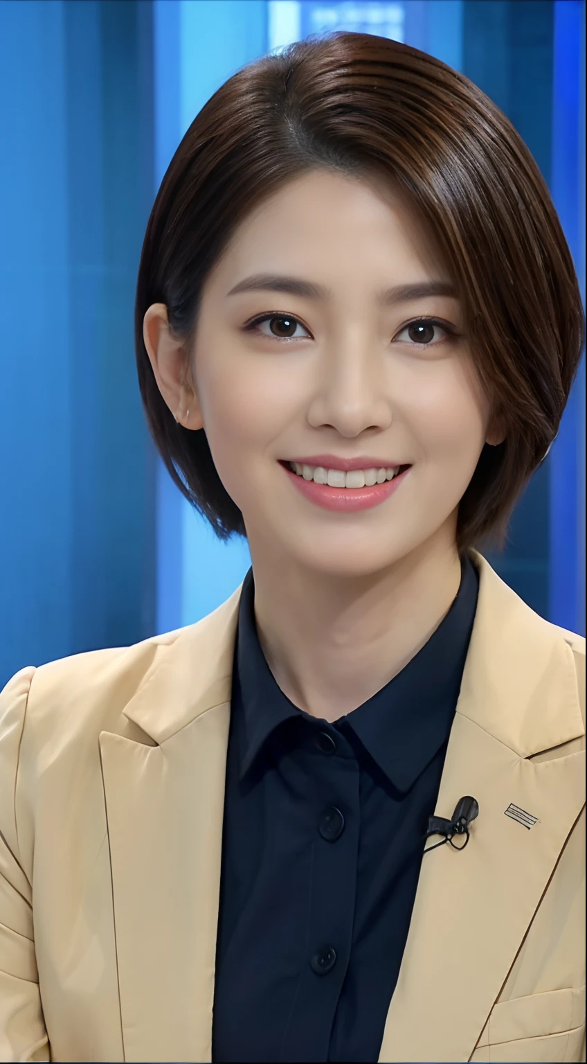 The highest image quality、超A high resolution、1girl in、beautiful countenance、Shorthair､Long-sleeved announcer in a tight suit、Sit in the studio