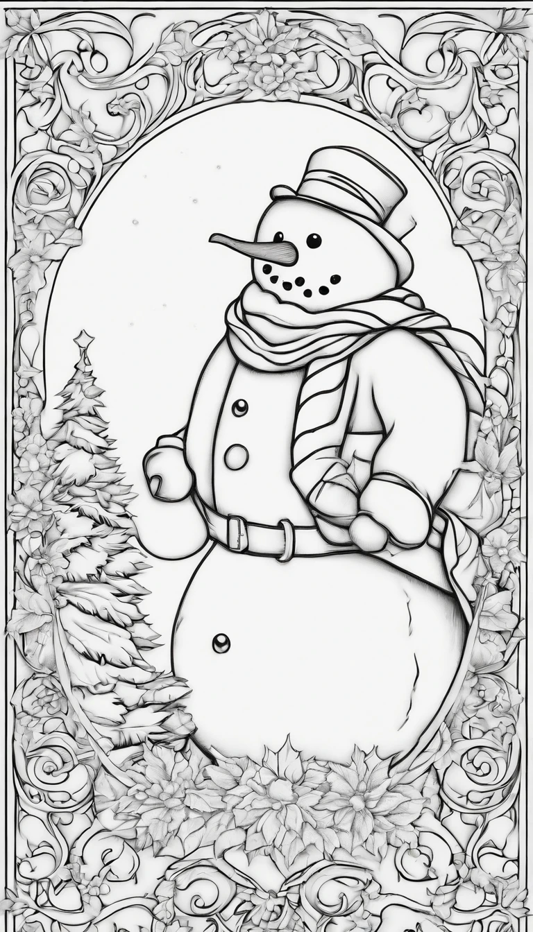 christmas Snowman coloring page, strong black outline, no colors
