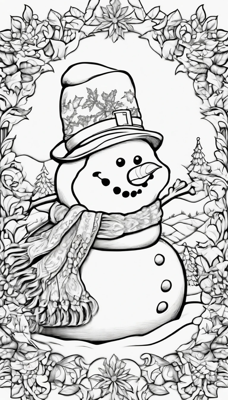 christmas Snowman coloring page, strong black outline, no colors
