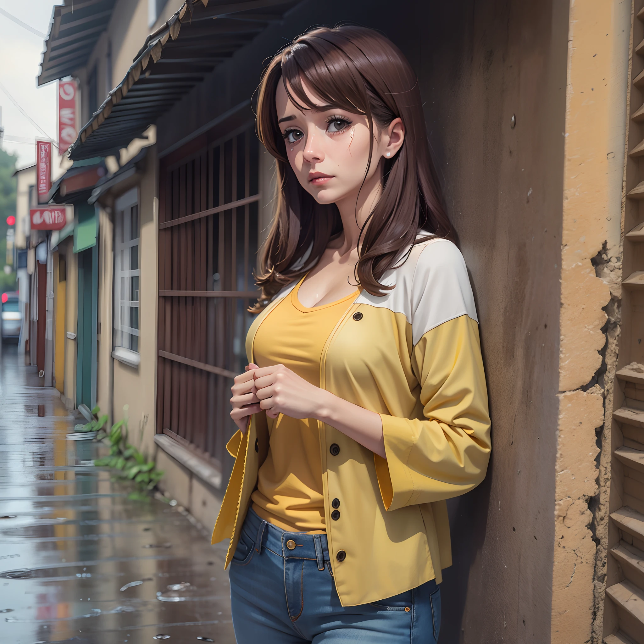 uma mulher [(tristeza)], camisa amarela, jeans, , tear, tear, (roupas molhadas), (((chuva real))) , cabelo molhado, loiro, ondulado, uma rua deserta, Alone, caminhando pela rua sozinha, muita chuva, roupa molhada --auto --s2