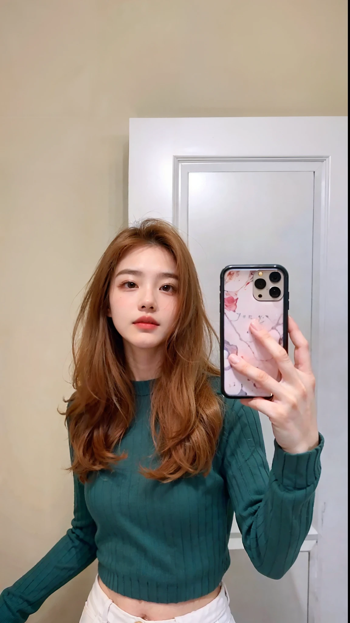 Korean woman 18 years old , with golden hair , wide eyes