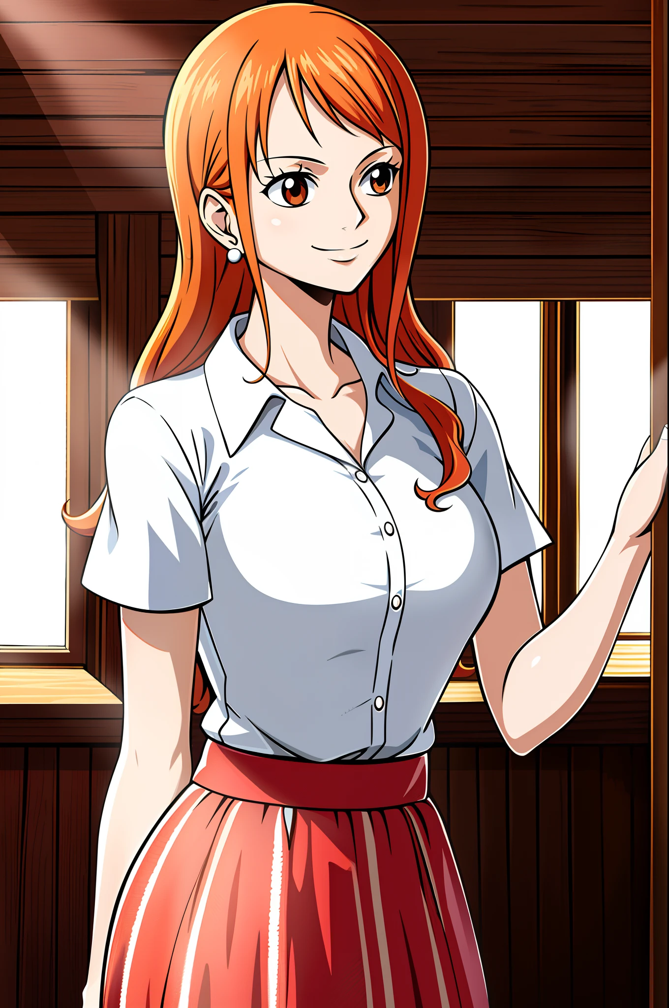 masutepiece, ((hyper detailed background, Delicate pattern, intricate detailes)), (Highly detailed, Fine details), Best Quality, Beautiful lighting, ((medium breasts, Slim Girl)), Nami Final, ((White shirt, Red skirt)), Simple shirt, 1girl in, Orange hair, Solo, Long hair, Jewelry, Brown eyes, Smile, earrings, Covered shoulders, (intricate detailed background, Inside, Room environment, wood walls, window, llight rays), (Cowboy Shot),
