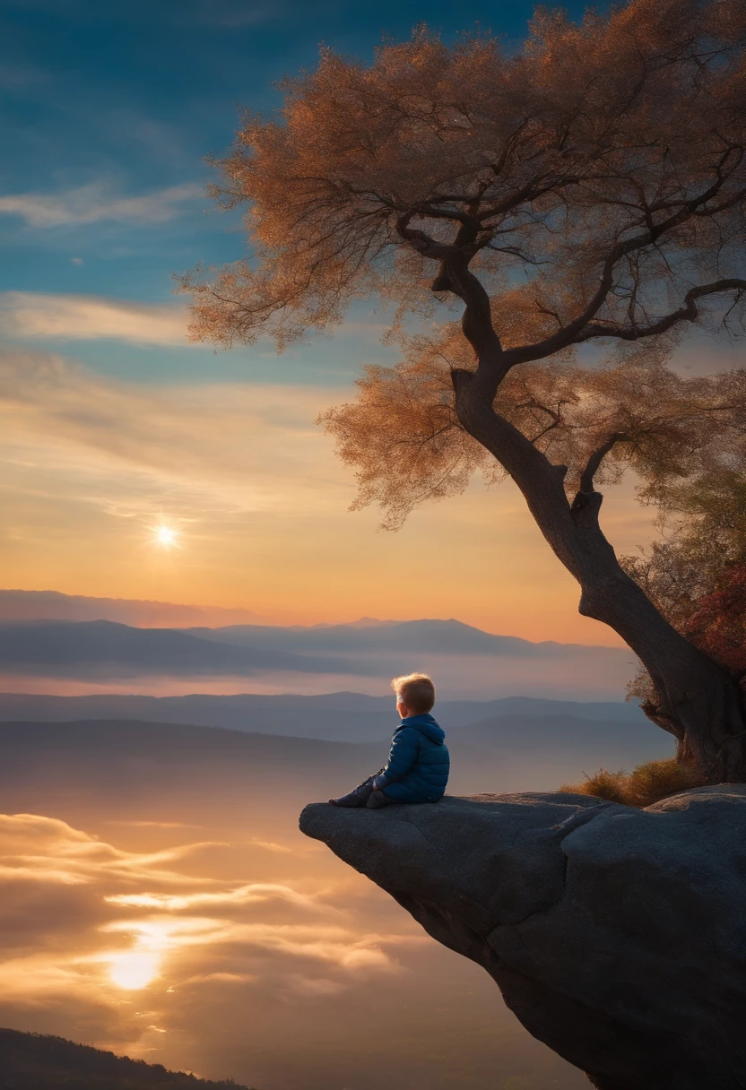 A little boy in a gray-blue jacket sits on a cliff，A tree in the back looks at the beautiful colorful sparkling sky