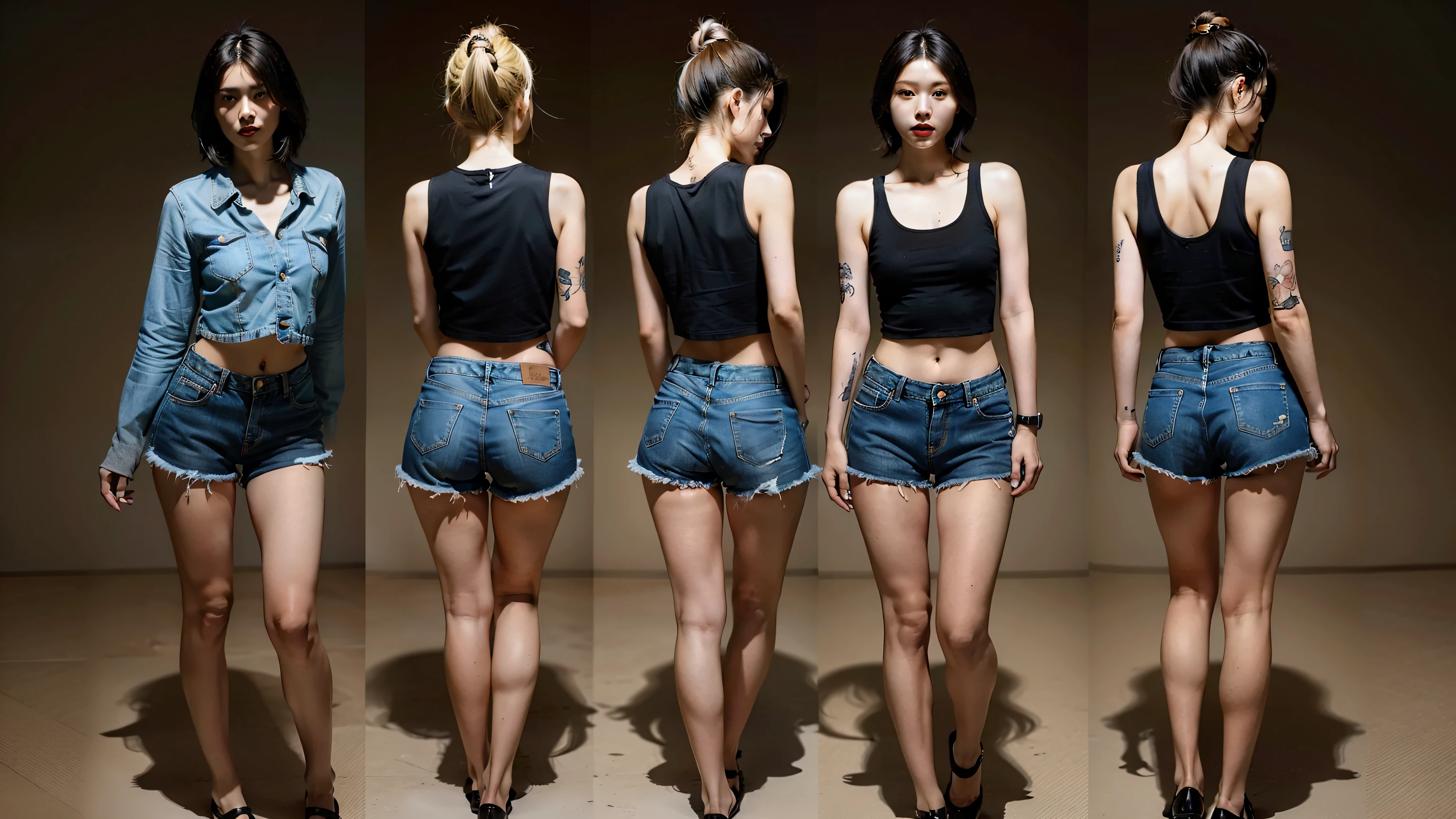 Bust 80，Hot figure，Hip circumference 105，The buttocks are unusually huge，Wear a vest，tight denim shorts，short yellow hair，The contours of the face are clear，Get fit regularly，Thin waist，Imperial sister looks，There are 10 tattoos on the body，Expose the entire buttocks，Back photo，Turn your head，The legs are long，The hips are about to burst the pants，Full body photo，Japan  Woman，Highest high resolution
