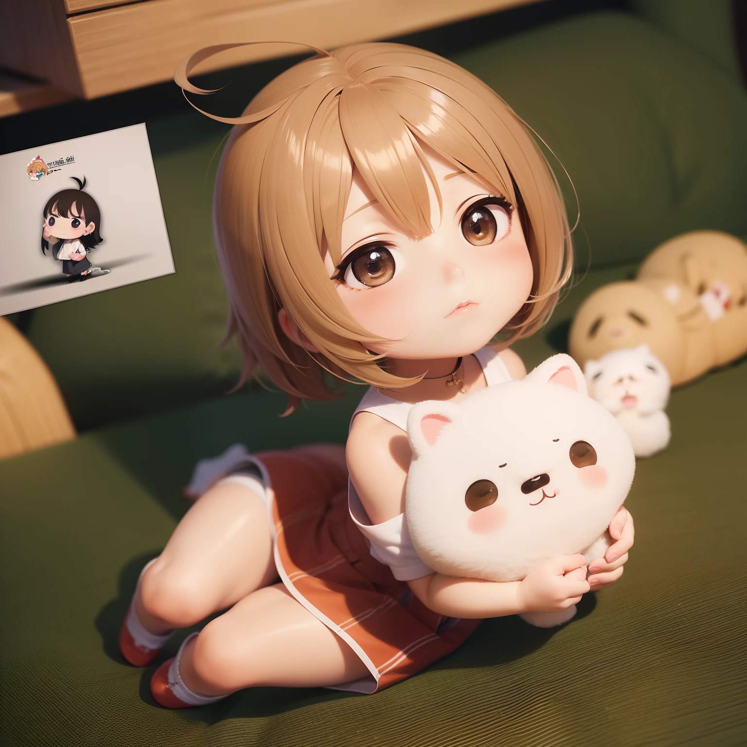Cute Chibi Anime,(((Super masterpiece、top-quality、ultra-detailliert、女の子1人、Chibi:1.5))、Chibi Living、DVR、TV screen、A detailed face、Smile with open mouth、a small face、fullllbody、(Chibi:1.4)、8k