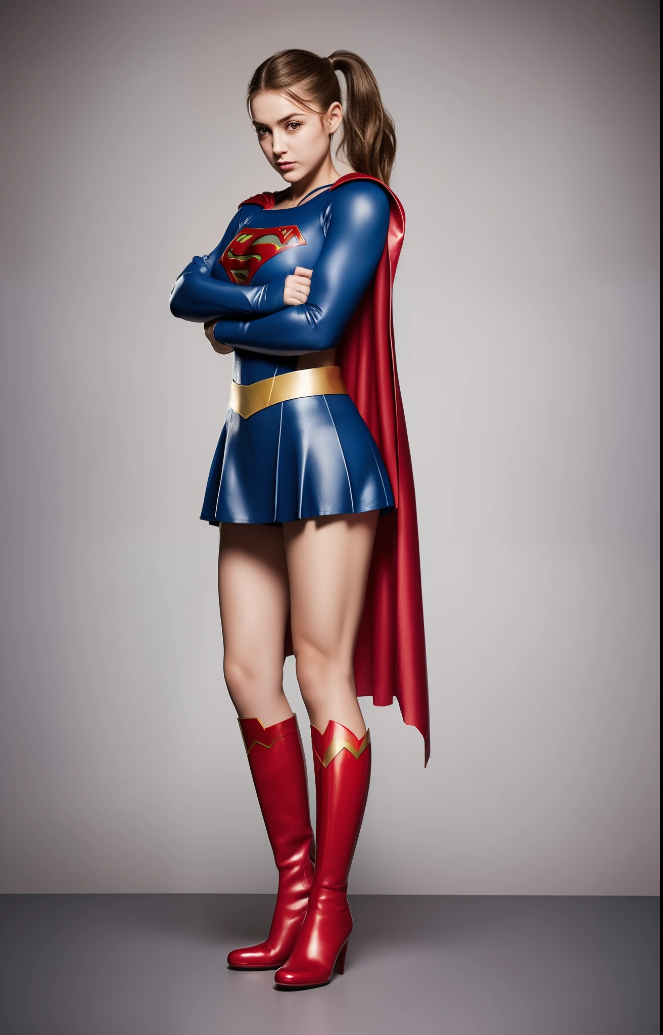 (((Make the most of the original image)))、(((Supergirl Costume)))、(((lustrous dark hair)))、(((Suffering)))、(((Feet must necessarily be worn with black tights)))、(((You need to wear red boots)))、((Top image quality、8K))、((top-quality、8K、​masterpiece:1.3))、Crisp focus:1.2、Beautiful woman with perfect body shape:1.4、Slender Abs:1.2、((layers-Cut、large boob:1.2))、a wet body:1.5、Highly detailed facial and skin texture、