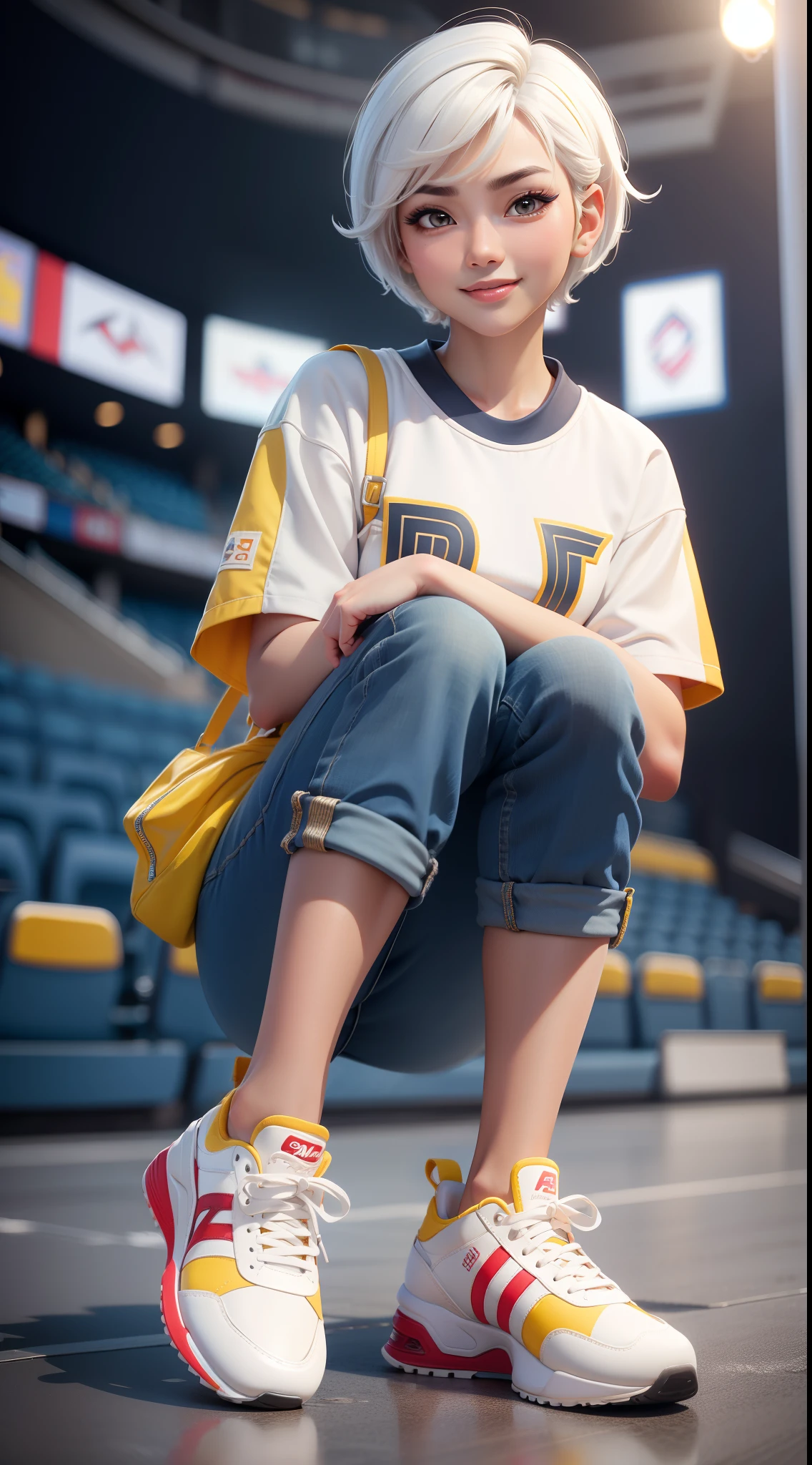 hoang lap，A high resolution，ultra - detailed，offcial art，Unity8k wallpapers，ultra - detailed，Beauty and aesthetics，tmasterpiece，best qualtiy，with short white hair，Dark  skin，Cute handsome smiling girl，wearing a denim pants，sports arena，sat on the ground（（Huge sneakers close to the camera）），（The sneakers are decorated in white、Intricate design in red and yellow）