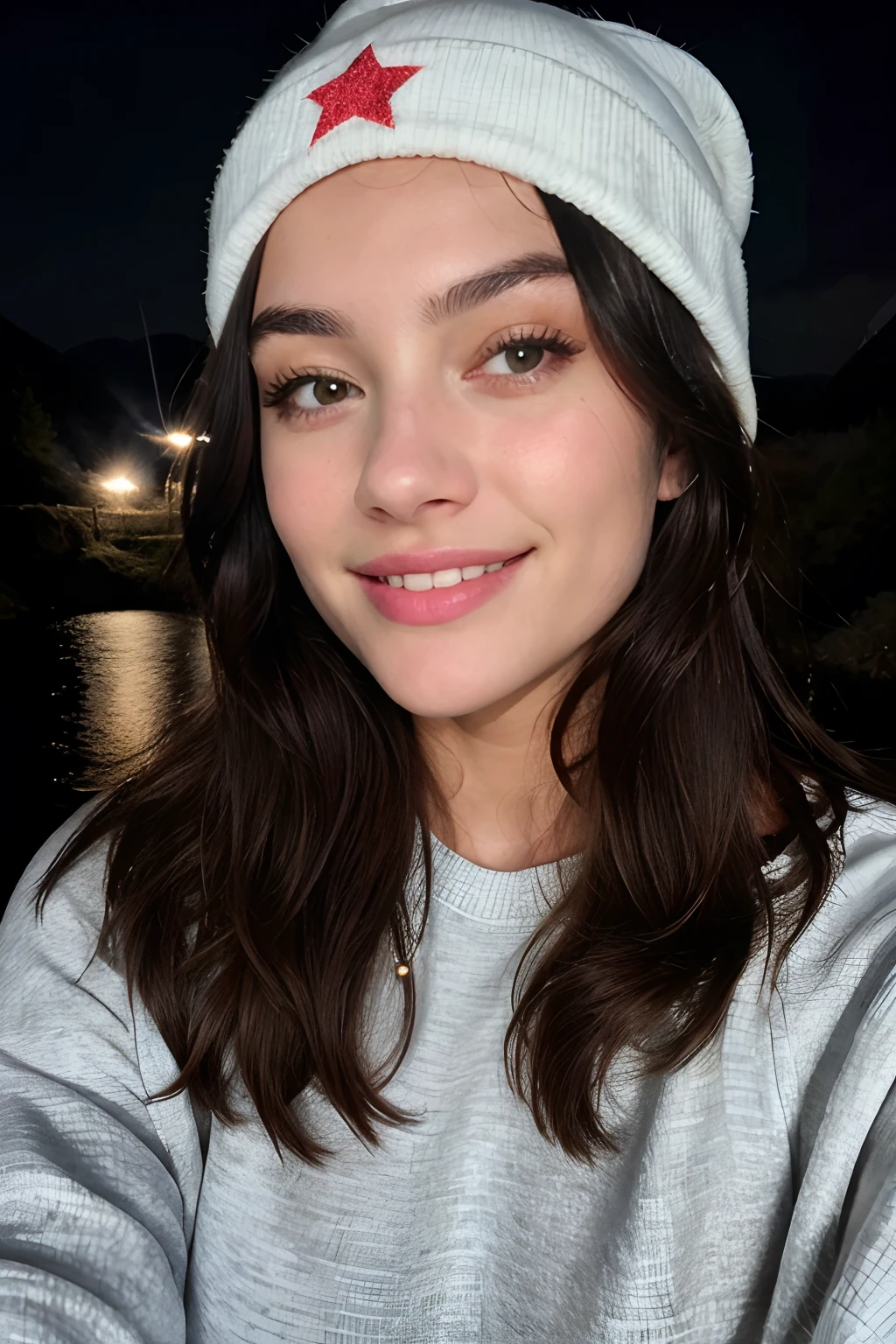 Photorealistic, Best quality, ultra - detailed, Beautiful woman, Selfie Photos, Upper body, Solo, wearing pullover, Outdoors, (Night), mountain scene, The essence of real life, stars, Moon, (Hefty Smile、brunette color hair、Sixteen years old、cheerful , cheerfulness), Beanie, flash lights, forest, Boulders, River, wood, Smoke, Heavy fog, Crystal clear sky, analogue style, view the viewer, Skin texture, filmgrain, Close up, 超A high resolution, Best shadow, primitive, Instagram LUT
