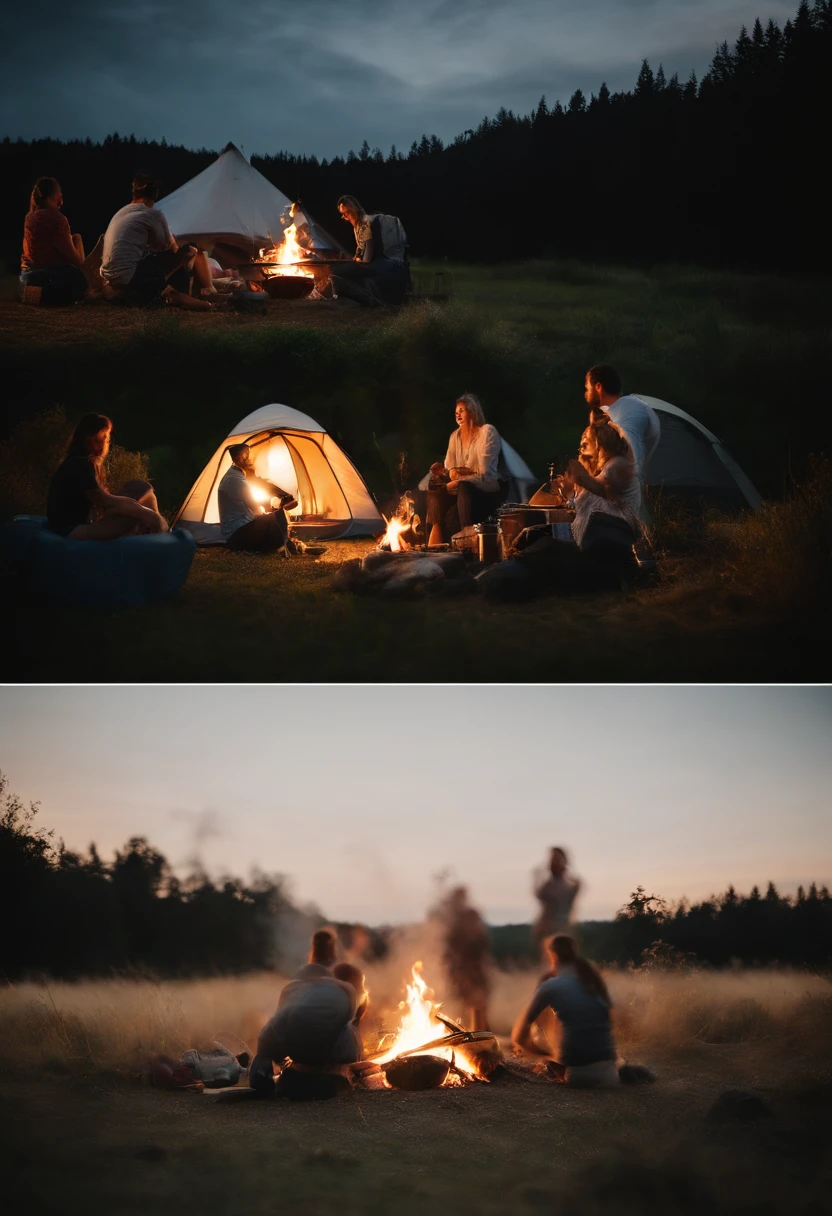 family camping, bonfire, barbecue, Time of Day: evening, Camera: DSLR, Lens: wide angle