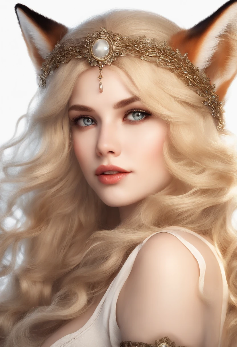 (best quality,realistic,ultra-detailed),blonde hair, very long hair, beautiful detailed eyes, beautiful detailed lips, halo, head wreath, mole under eye, fox ears, jitome, Mannerism, Classicism, halftone, vignetting, Eye-Level Shot, first-person view