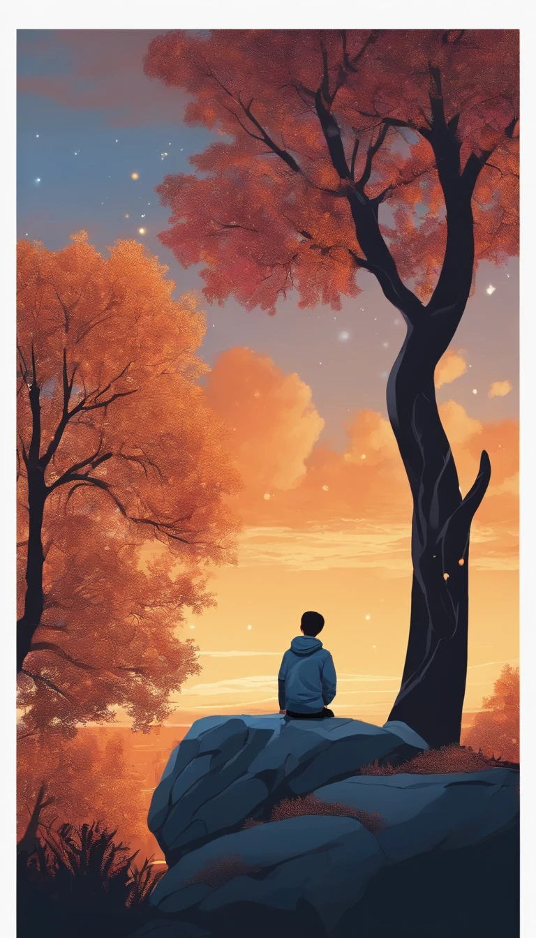 A boy in a gray-blue jacket sits on a cliff,A tree in the back looks at the beautiful colorful sparkling sky