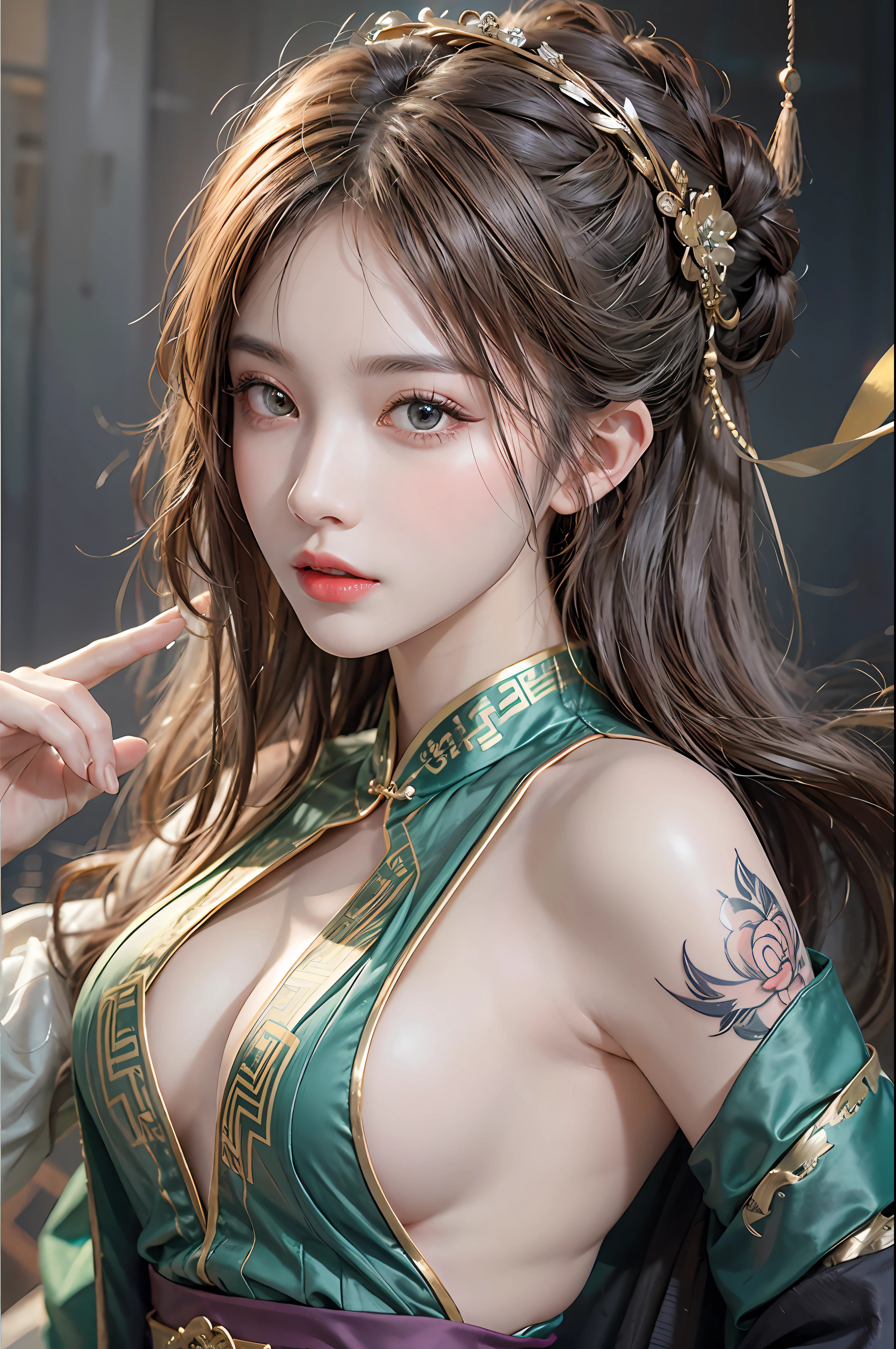 photorealistic, high resolution, 1women, solo, hips up, look at viewer, (detailed face), white hair, colorful hanfu, full clothes, tattoo, chinese architectures, jewelry