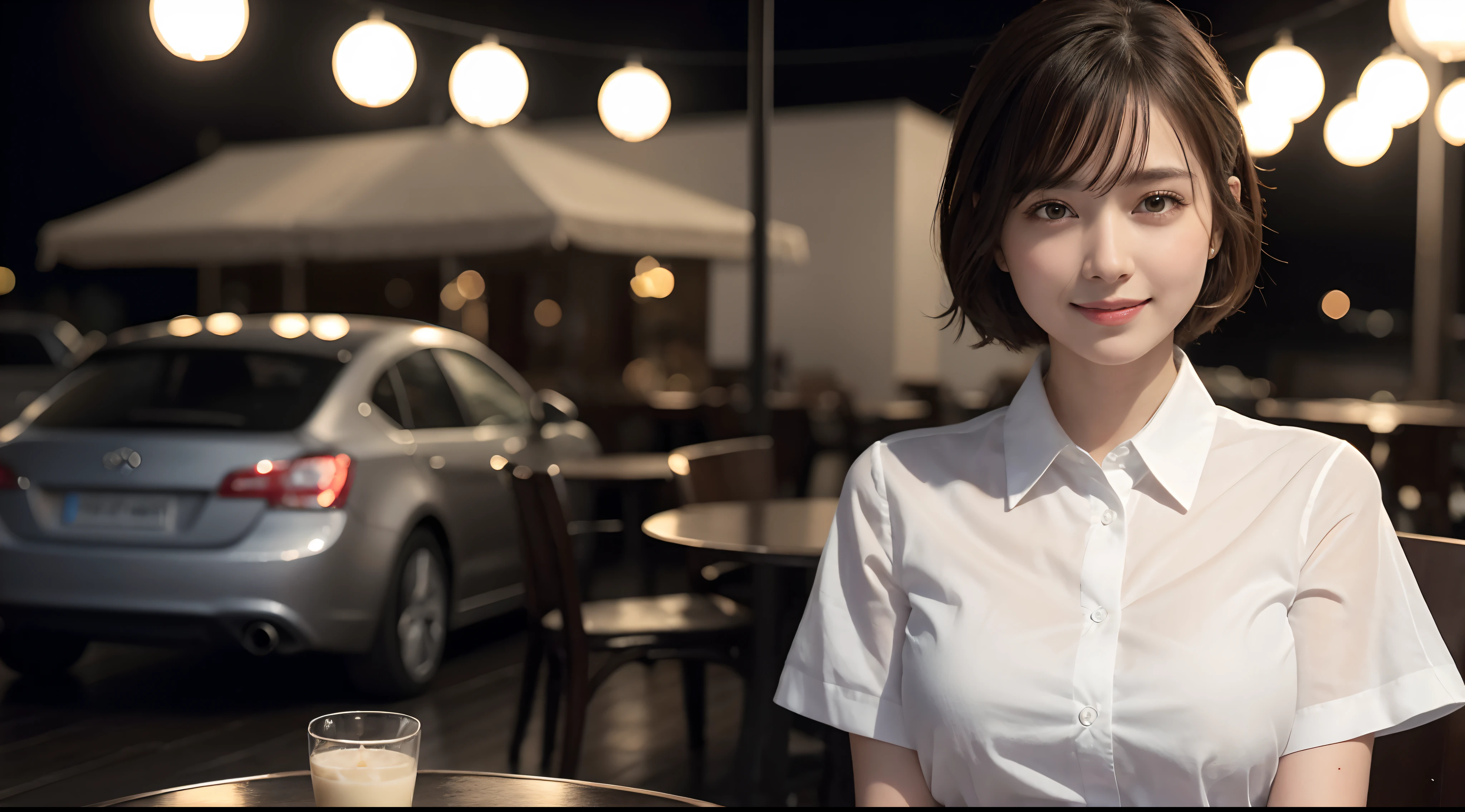 (8k, best quality, masterpiece:1.2), (realistic, photo-realistic:1.37), ultra-detailed, 1 girl, cute, solo, beautiful detailed sky, detailed cafe, night, sitting, dating, (nose blush), (smile:1.15), (closed mouth) small breasts, beautiful detailed eyes, (collared shirt:1.1), night, wet, business attire, rain, white lace, (short hair:1.2), floating hair NovaFrogStyle, topless,
