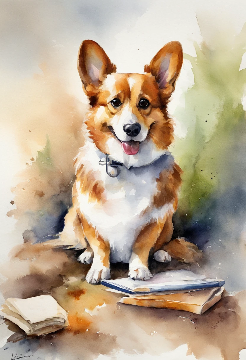 one cute Corgis dog,shaggy,working in an office,photorealestic, finedetail, A high resolution,Perfect dynamic composition