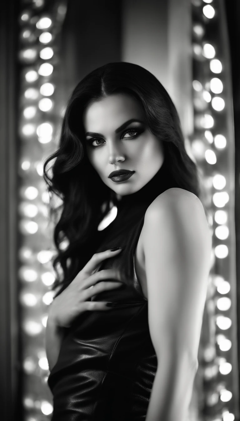 A beautiful woman wearing high detail leather dress, standing in a night club, (erotic face:Florence Pugh:0.2), (skin texture:1.1), (skin pores:1.2), (high detail face), (long black hair), masterpiece, best quality, ultra-detailed, analog style, shadowd, contrast, Raw photo, by Ellen von Unwerth, Nikon D850, backlight, rimlighting (warm hue, warm tone:1.2)