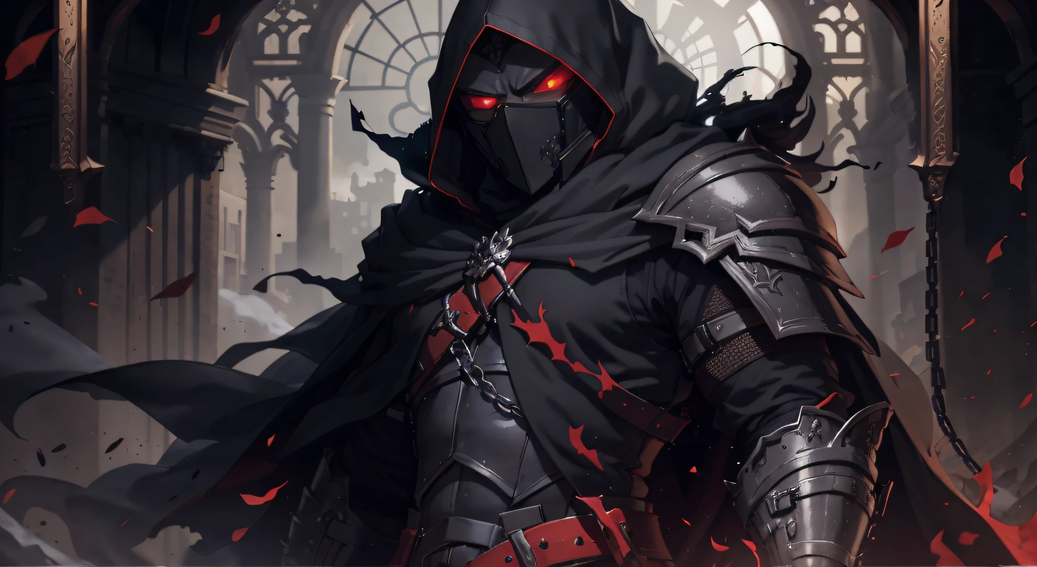 shadow knight ,male ,no face ,badass ,cool side pose ,black armor ,chains vest under black armor ,long red veil ,white frame eyes ,hold a silver white sword ,dark aura ,dark ,smoke ,ruined castle background,masterpiece ,best quality ,ultra-detailed ,high res ,8K ,detailed background