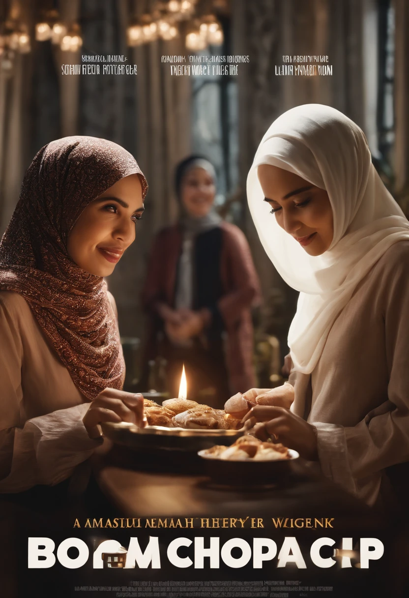 Design a hilarious movie poster featuring the three malay female in hijab as a main characters of our comedy film. Show them caught in a comical situation, with exaggerated facial expressions and props that reflect their distinct personalities. Add a touch of whimsy and fun to the poster to convey the lighthearted spirit of the movie