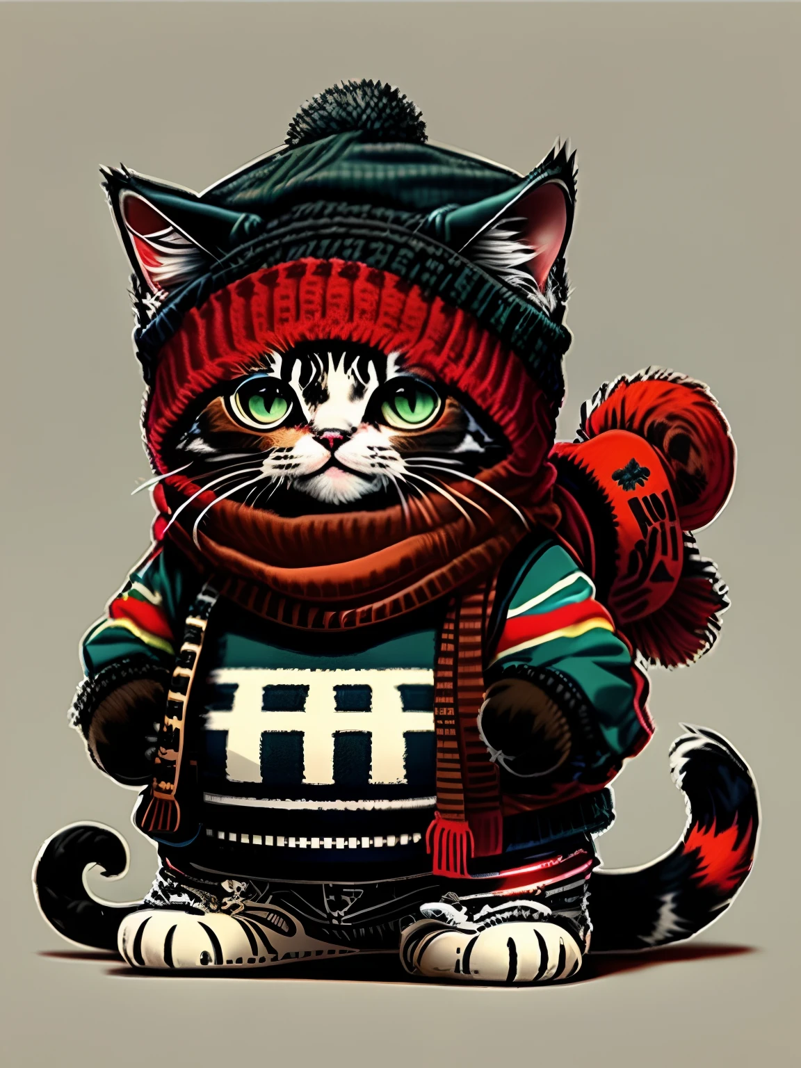 Photo of a cat wearing a hat and scarf、Art Station Trend、People in punk clothes、Ultra-realistic detail rendering、UK gang members、Urban style、intimidating pose、planet of the cats、Fashion Clothing、Urban Samurai、meow、West Slavic traits