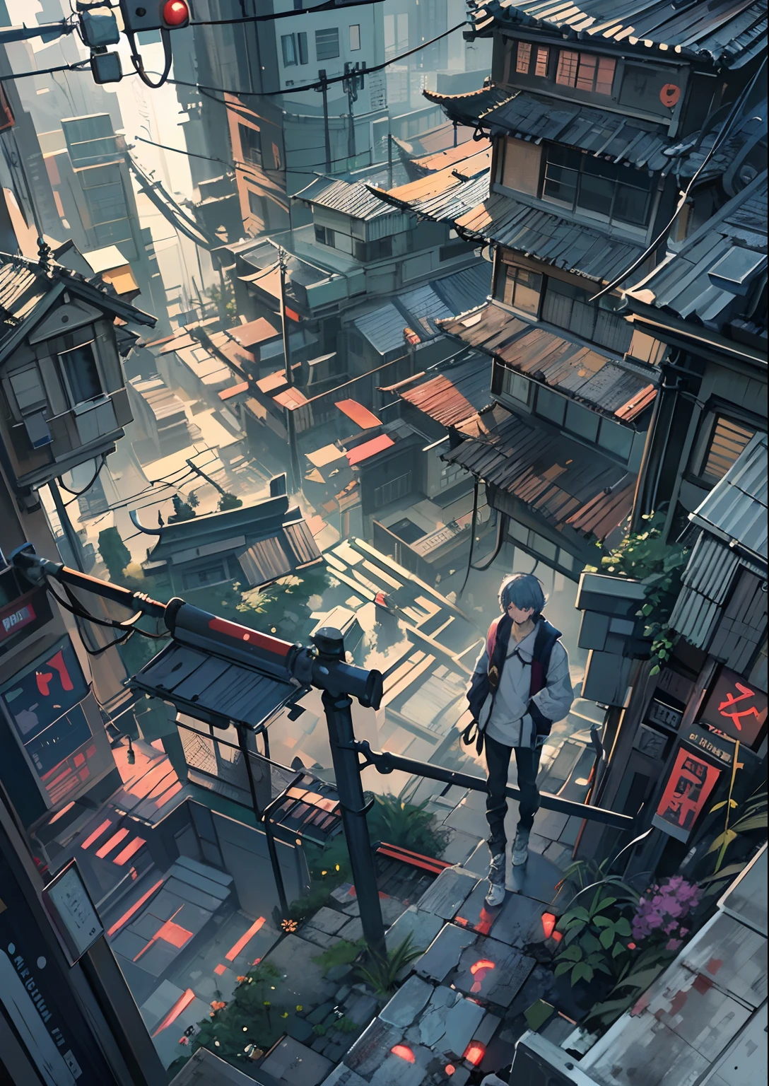 1boy,Man's ,Cyberpunk Boy、katanas,machine gun、Cat's ears、silber hair、poneyTail、Whole body bloody、Turn around、Overhead view of the composition、The beginning of the adventure、during daytime、Into the cloud、beautiful fog,ruined and devastated city、Japan buildings、railroad crossing、Trees、Warm lighting、puddles、Good old Japan landscape、Beautiful and fantastic summer landscape、Cinematic scenery、hightquality、masutepiece,8K、hight resolution、ultra-detailliert,