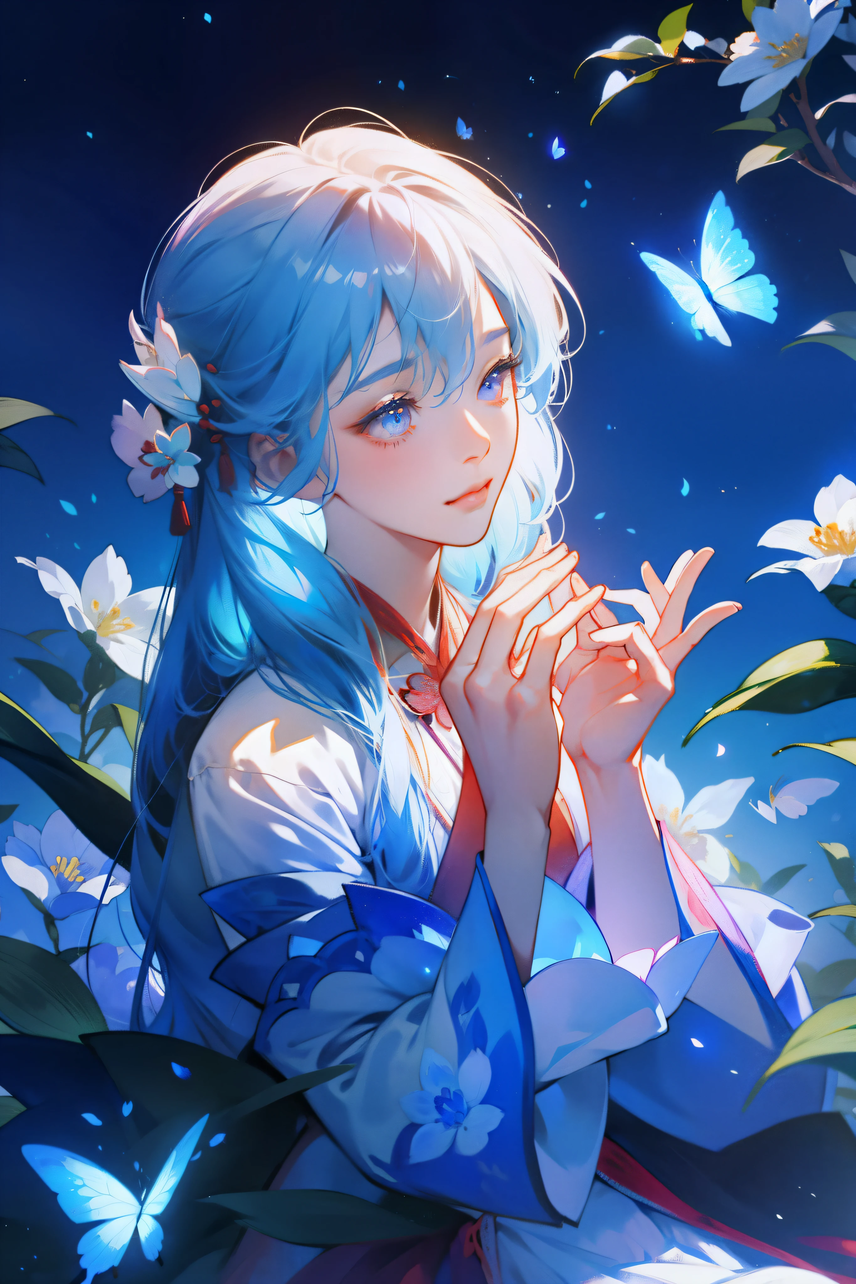 The girl in Hanfu sits among the flowers，Keep your hands together，DOA，Flower butterflies fly，blue colors，a sense of atmosphere，gentleness