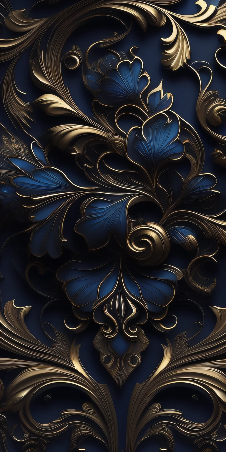 (best quality,4k,8k,highres,masterpiece:1.2),ultra-detailed,realistic:1.37,blue and gold wallpaper with flower motifs, dragon, smooth intricate design, elegant and ethereal, magnificent art, super complex, super intricate details, rich black and gold color palette, monochromatic gilded spirals, elegantly magnificent, opulent gold, dark and intricately complex, mobile wallpaper, intricate darkness, intricate and dark, magnificently complex, baroque details, elegant magnificence