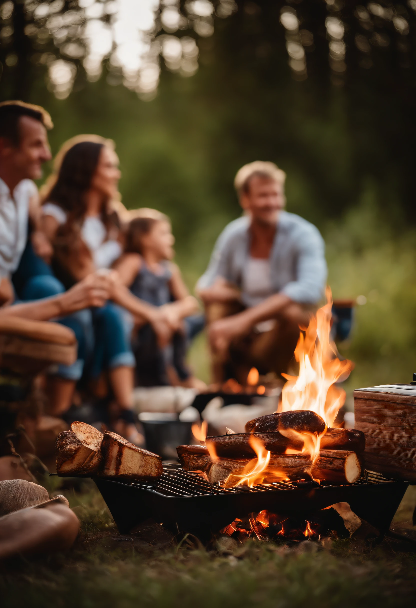 family camping, bonfire, barbecue, Time of Day: evening, Camera: DSLR, Lens: wide angle