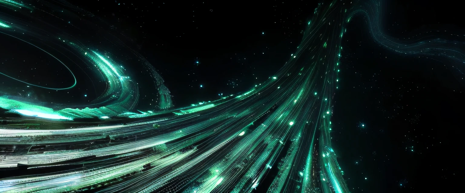 There is a long flowing swirl of green and black in the darkness, Rotating bioluminescent energy, intricate sparkling atmosphere, 4k highly detailed digital art, filled with bioluminescence, glowing threads of drop, Bio-luminescence, science fiction digital art, Bioluminescent atmosphere, rendered in nvidia's omniverse