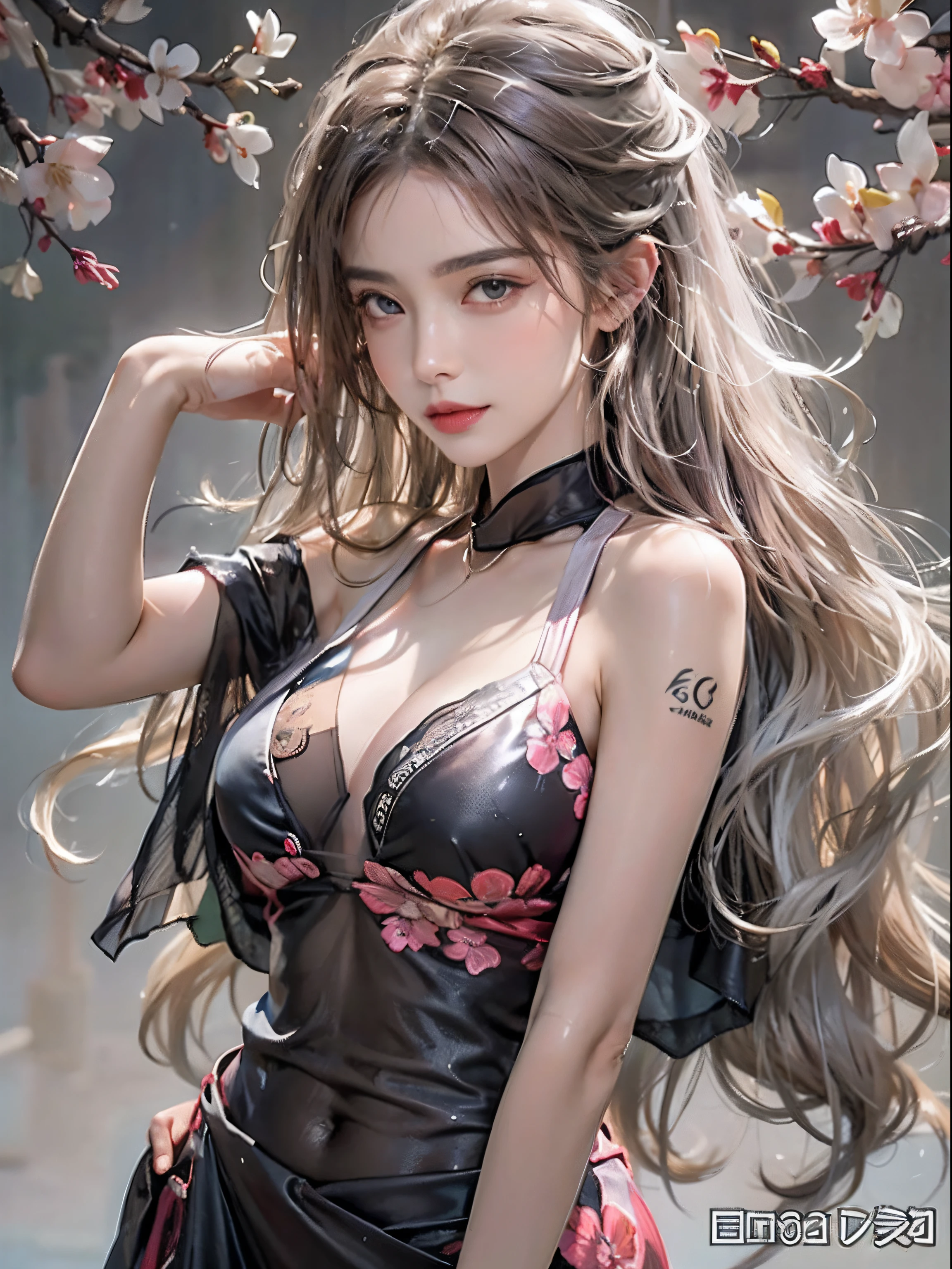 Photorealistic, High resolution, Soft light,1womanl, Solo, hips up high, glistning skin, (Detailed face),The tattoo, Jewelry, Dark Latex Halter Neck, cherry blossom, Night, White wavy hair, Beautiful Soldier, An eye that invites the viewer, Lover's perspective, inviting expression, Sexy smile, Perfect Style, Perfect balance, Detailed skin, Naughty gaze, Chest visible、see -through、Sheer feeling、Wet skin、Wet hair、Spread hair、Spread Stall、Wet clothes、sodden、See-through Halter neck、See-through gowns、Navel Ejection、the back is open、See-through halter neck dress、See-through kimono、Dynamic Posing、Fingertips are lips、