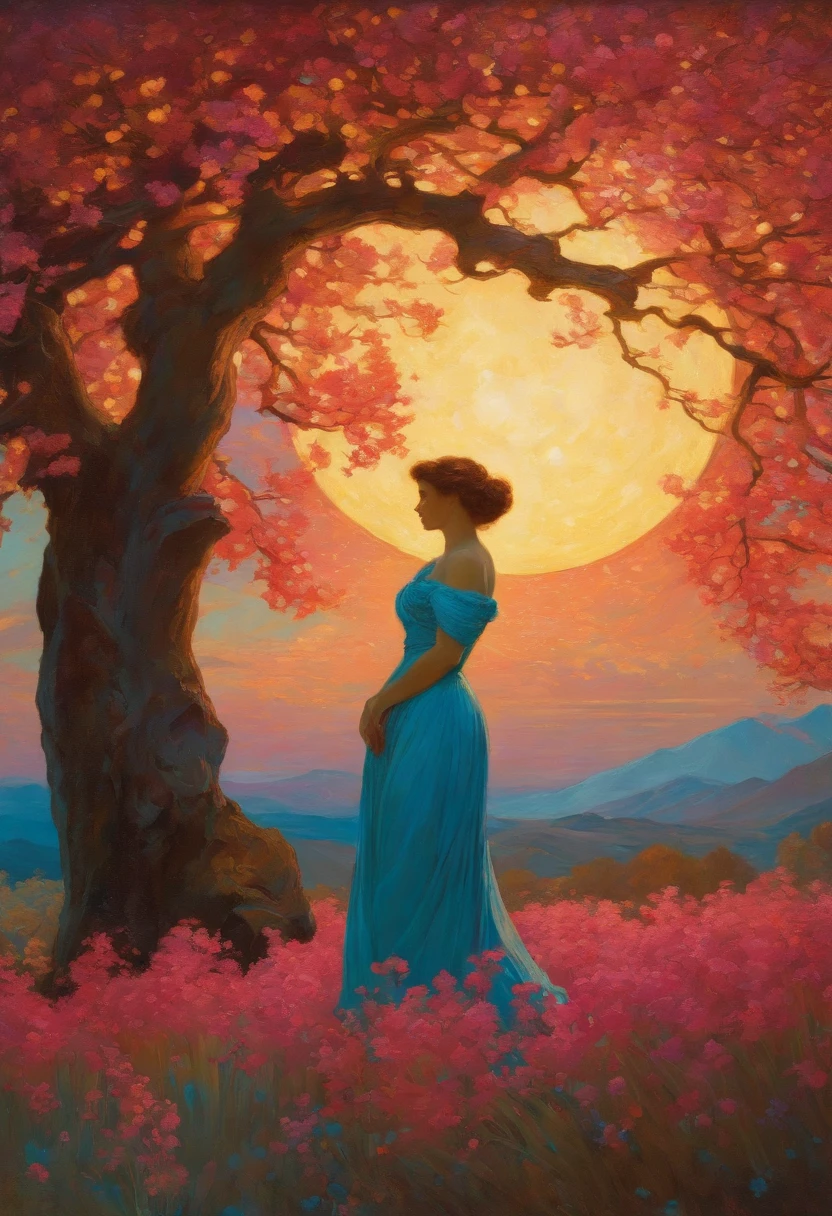 an Gogh's 'Starry Night', cyan magenta gold, glowing light, flowing brush strokes, impasto by Maxfield Parrish, Alphonse Mucha"